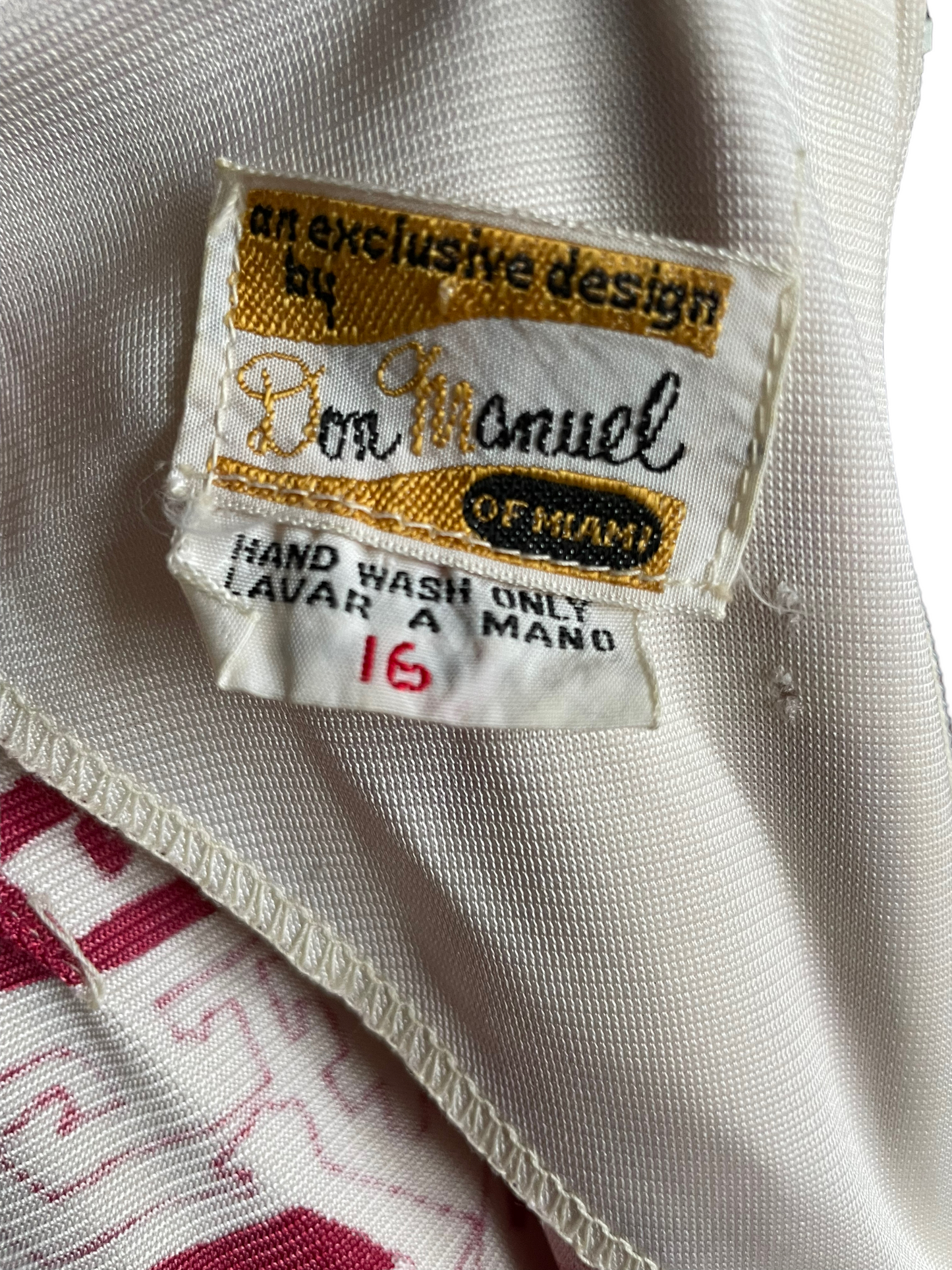 View of tag of Vintage 1960s Don Manuel Maxi Dress SZ L | Barn owl Vintage | Seattle Vintage Dresses