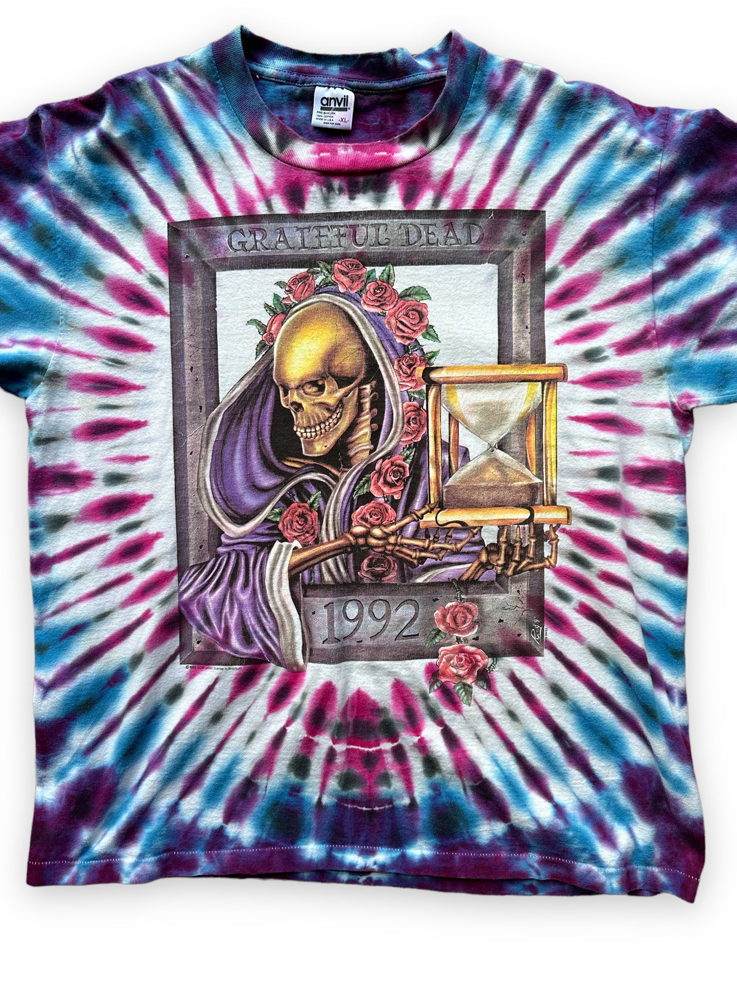 Front Graphic Detail on Vintage Single Stitch Grateful Dead 1992 NYE Tie Dye Tee SZ XL | Vintage Grateful Dead Tee Seattle | Barn Owl Vintage