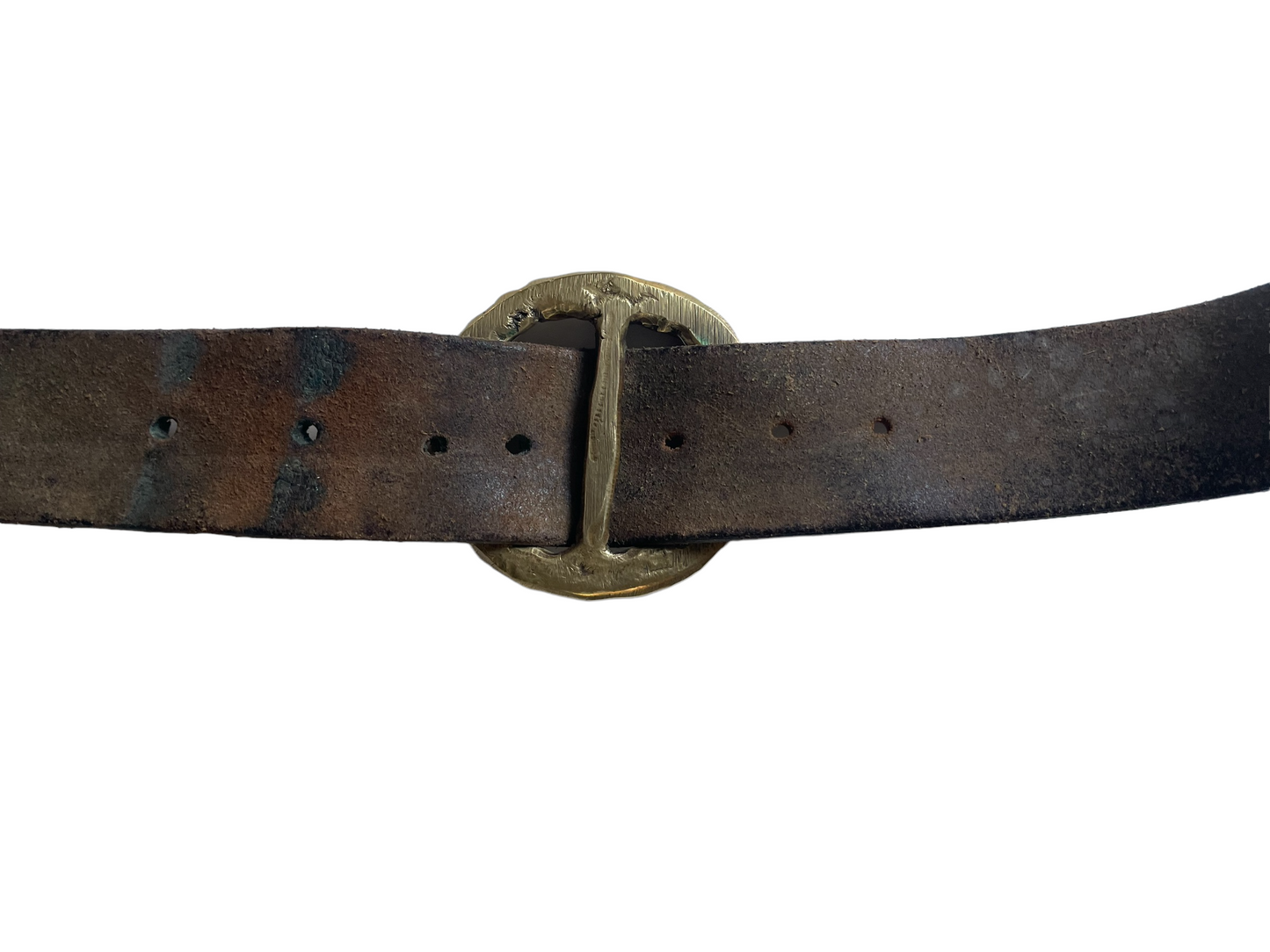 Vintage 1960s Brass Buckle and Leather Belt Back view of buckle and partial belt.