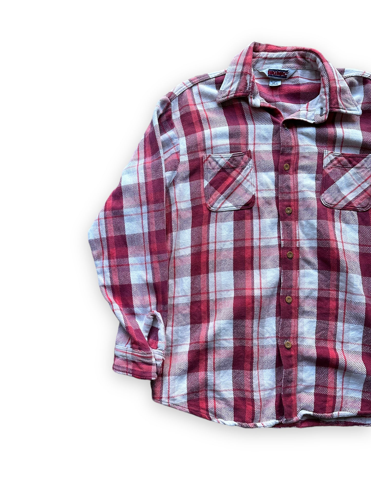 Front Right Side View of Vintage Pink and Light Purple Big Mac Cotton Flannel SZ XL Tall | Barn Owl Vintage Seattle | Vintage Cotton Flannel Seattle