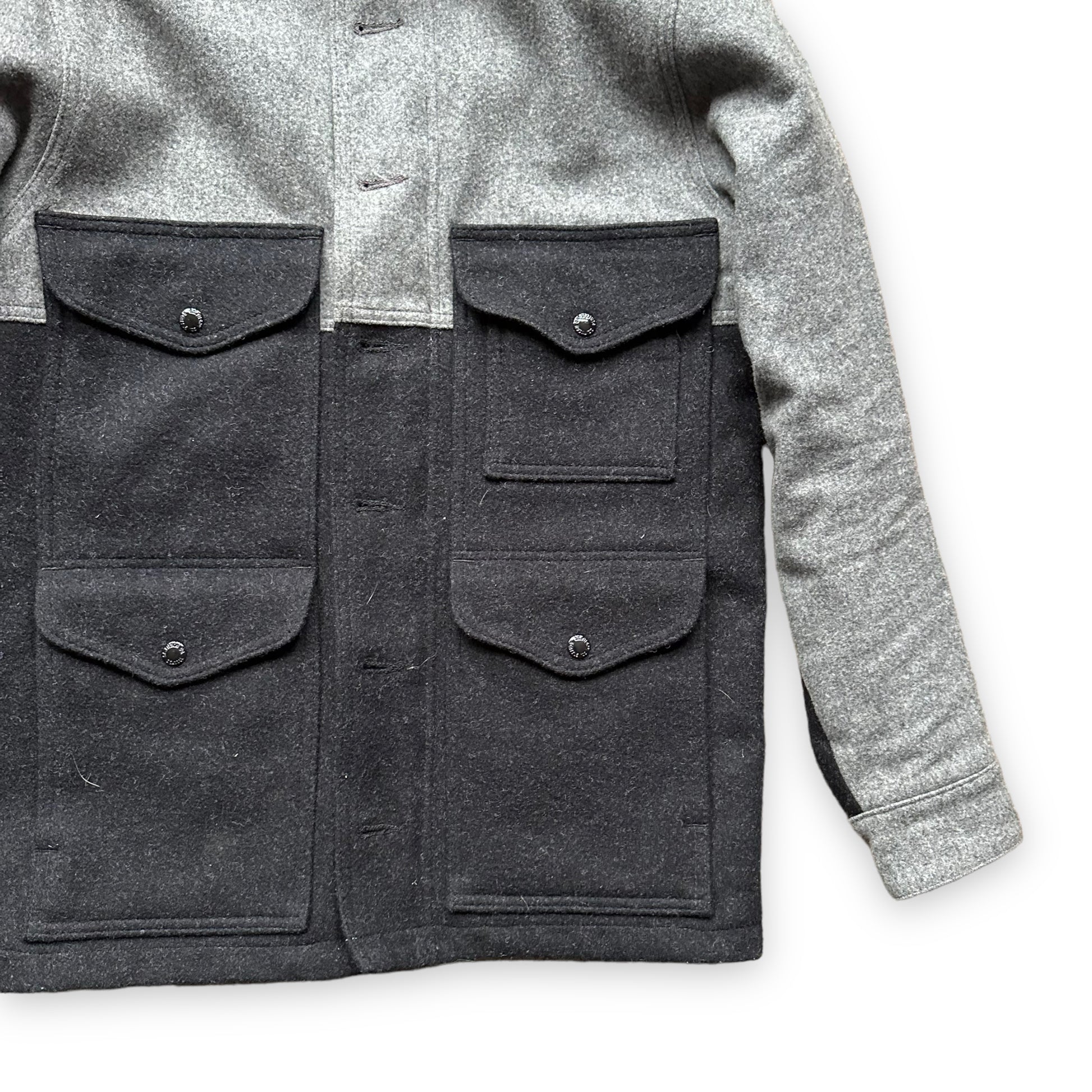 Front Left View of Filson Black and Grey Mackinaw Wool Cruiser SZ XS |  Filson Jackets Seattle | Barn Owl Vintage