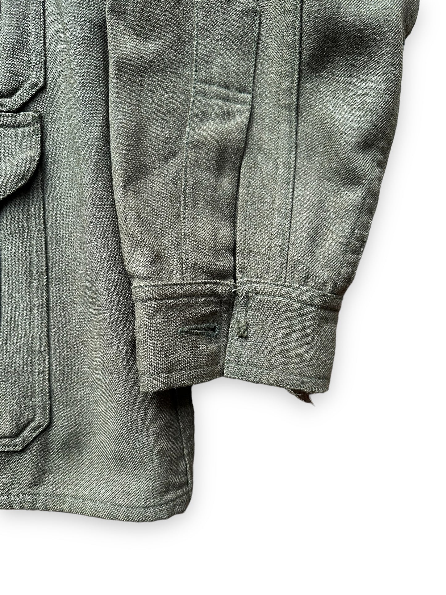 Missing Button on Left Cuff on Vintage Union Made Era 50s Filson Forestry Cloth Cruiser SZ 44 | Barn Owl Vintage Goods | Vintage Workwear Seattle