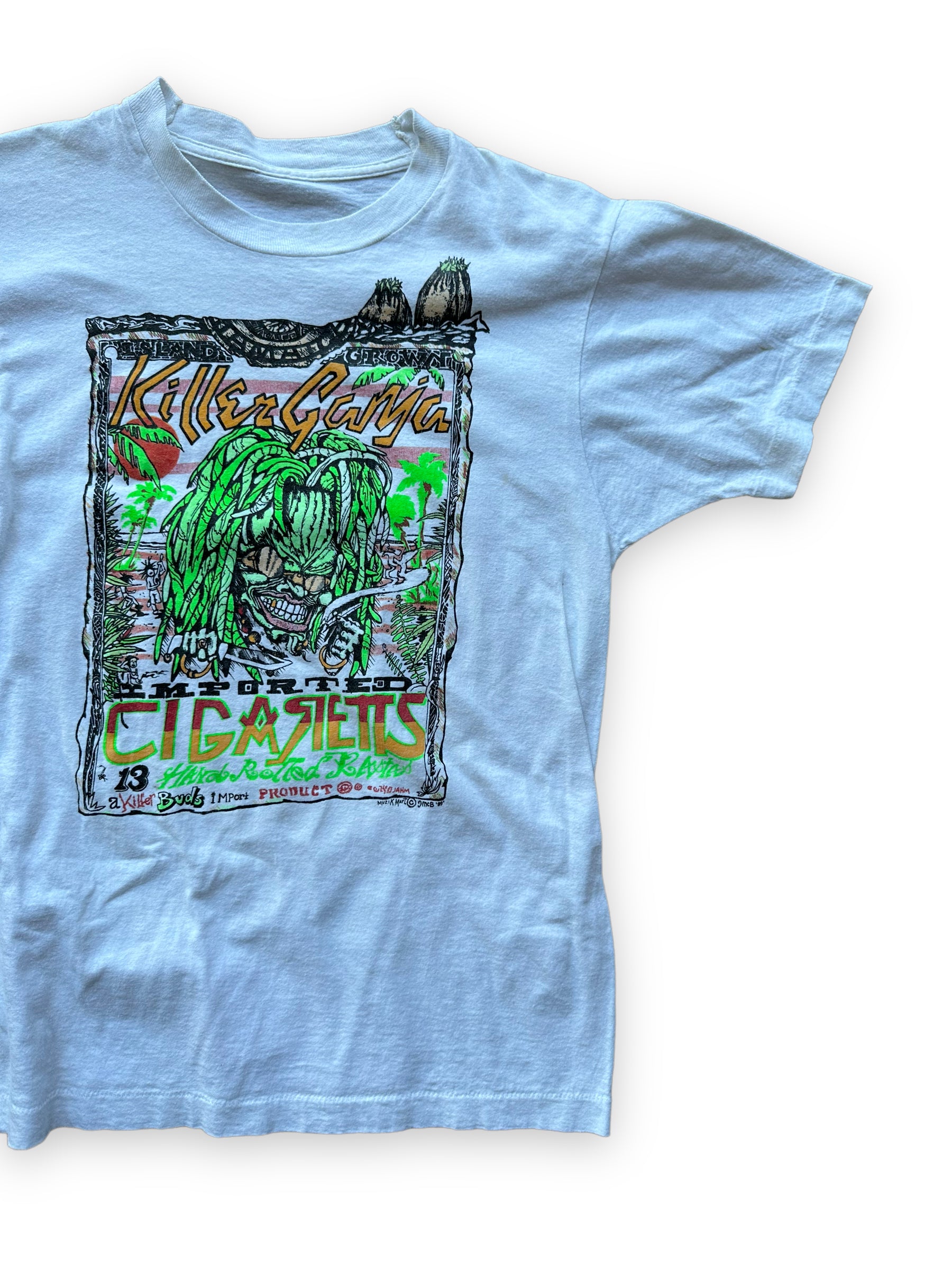 Front Left View of Vintage 1980's Killer Ganja Imported Cigarettes Tee SZ L | Seattle Vintage Ganja Tees | Barn Owl Vintage