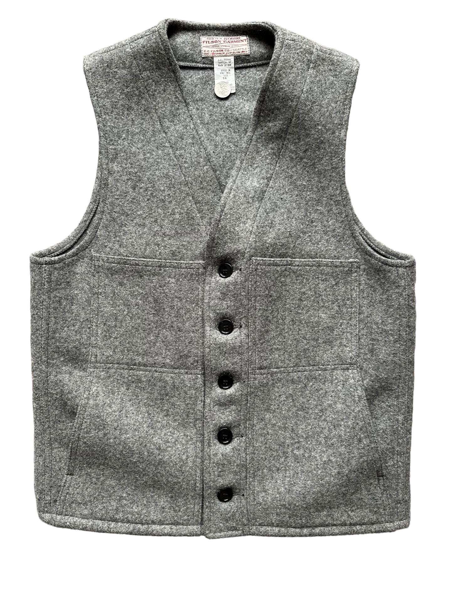 Front View of Vintage Filson Mackinaw Vest SZ 36 | Grey Wool Vest | Seattle Vintage Workwear