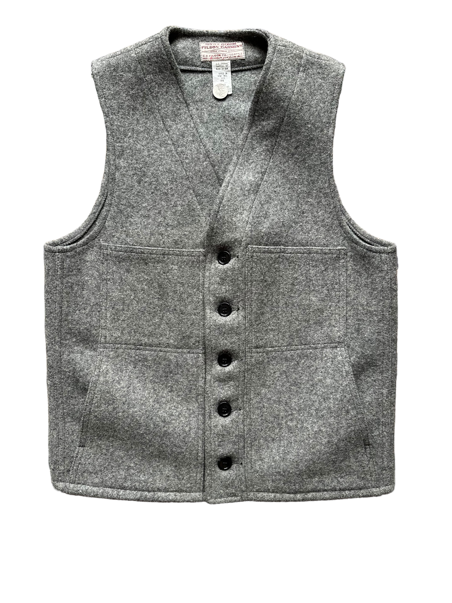 Front View of Vintage Filson Mackinaw Vest SZ 36 | Grey Wool Vest | Seattle Vintage Workwear