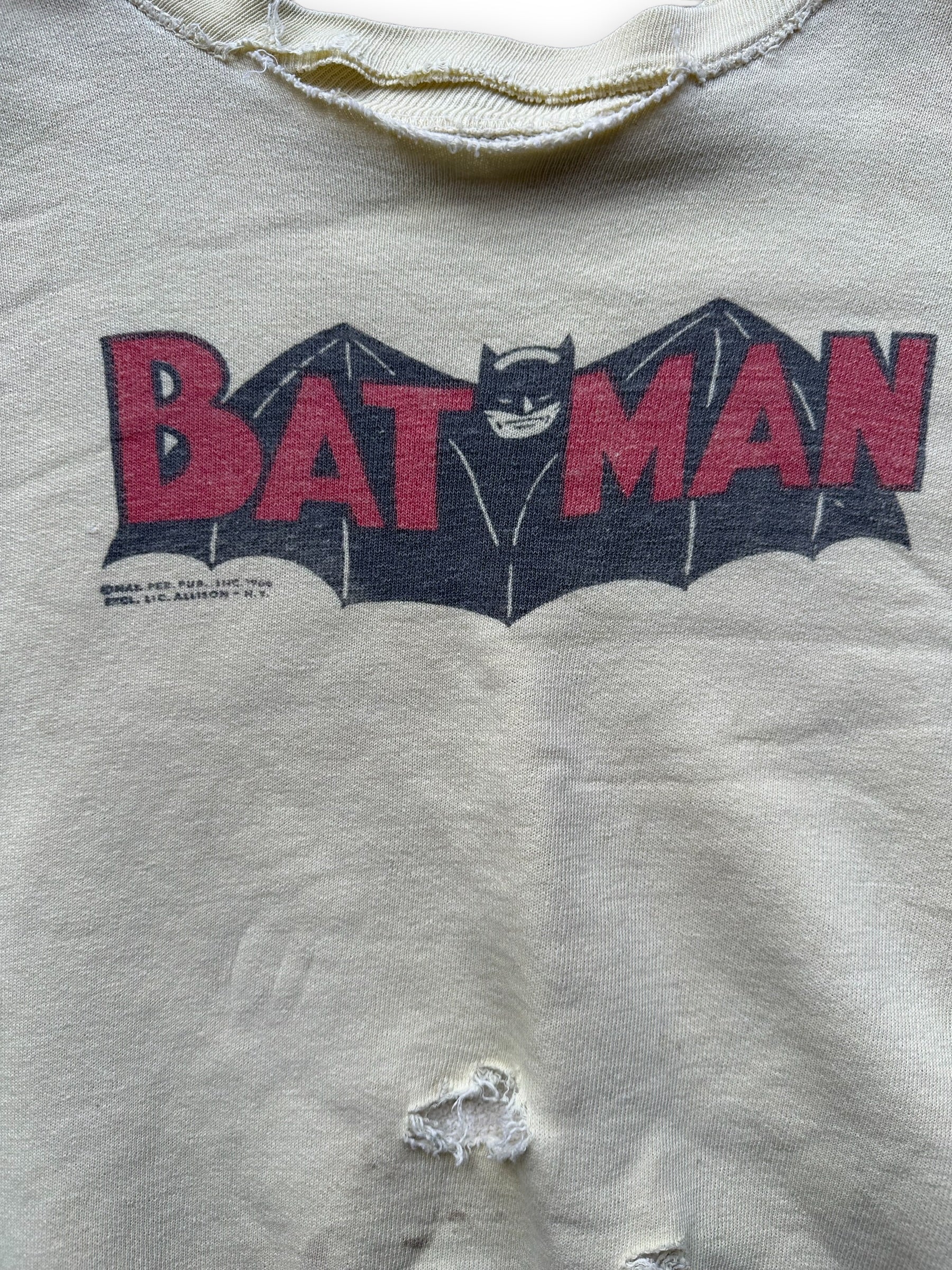 Front Graphic Detail on Vintage 1960s Yellow Batman Sweatshirt SZ M | Vintage Crewneck Sweatshirts Seattle | Barn Owl Vintage Seattle