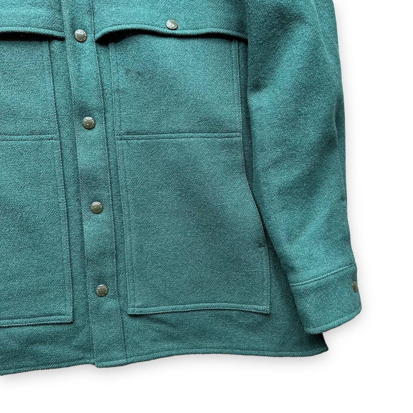 Front Lower Left View of Vintage Filson USFS Green Cape Coat SZ M XLong | Vintage Filson Forestry Cape Coat | Vintage Workwear Seattle