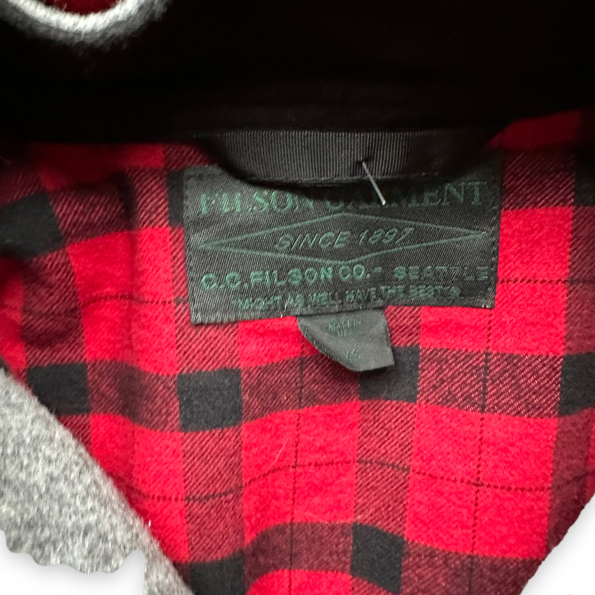 Tag View on Filson Black and Grey Mackinaw Wool Cruiser SZ XS |  Filson Jackets Seattle | Barn Owl Vintage