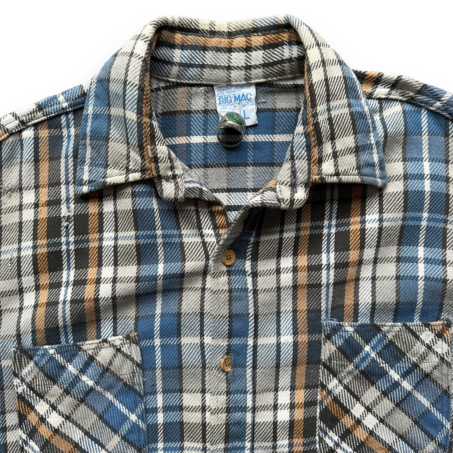 Upper Front View of Vintage Blue Grey & Brown Big Mac Cotton Flannel SZ L | Vintage Cotton Flannel Seattle | Barn Owl Vintage Seattle