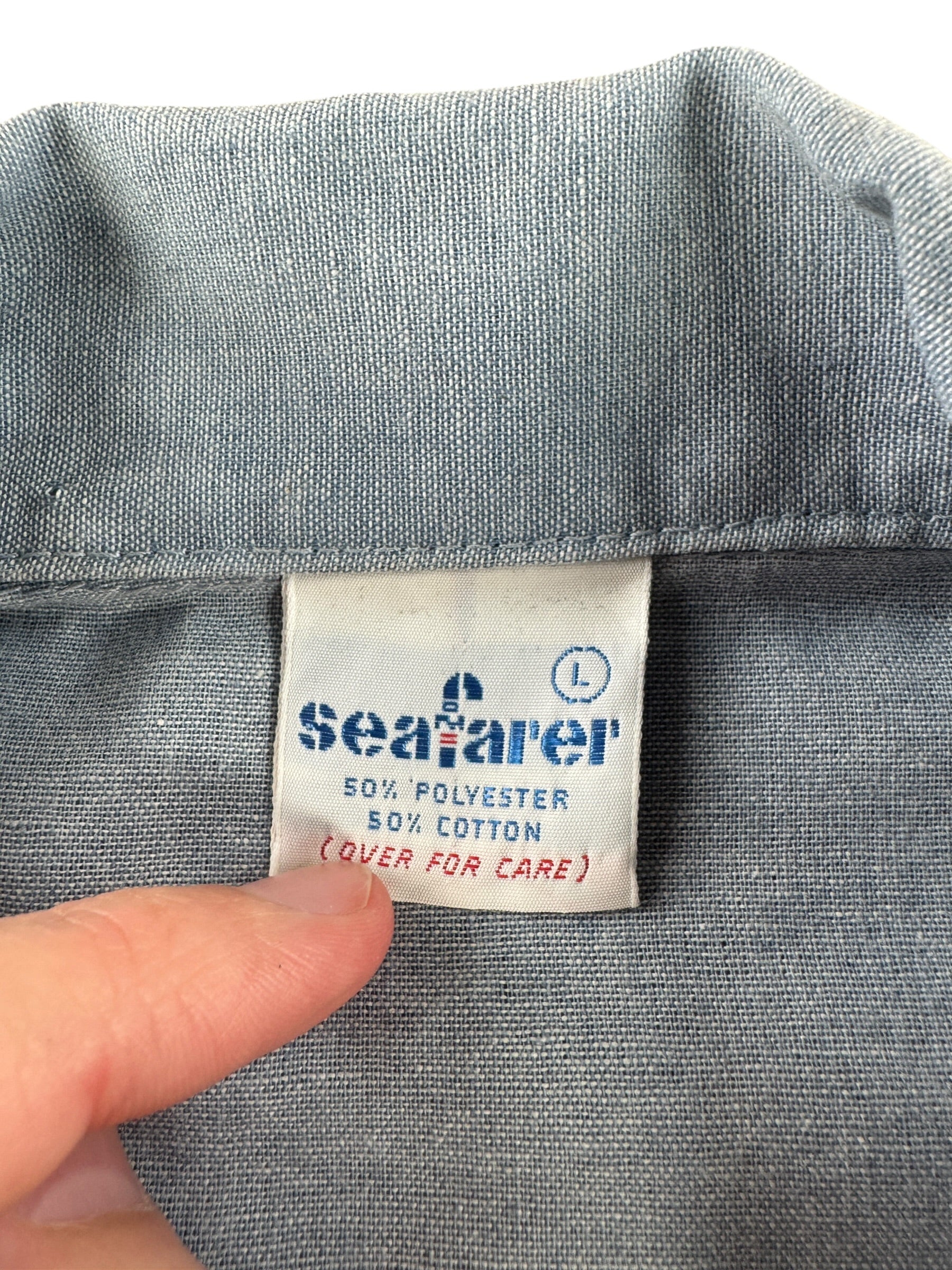 Label on Vintage Seafarer Stenciled Chambray Shirt SZ L