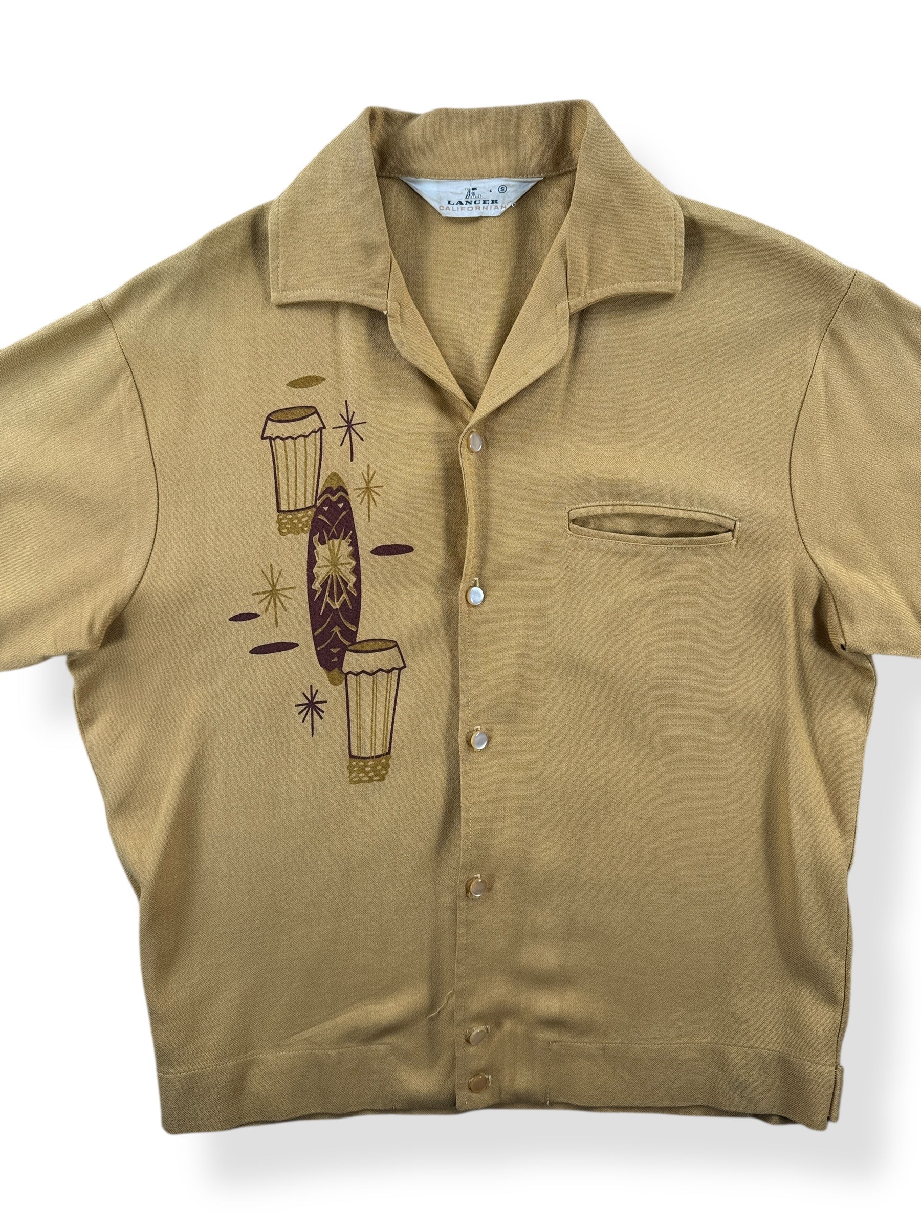 Front Close Up of Vintage Lancer Tiki Short Sleeve Shirt SZ S
