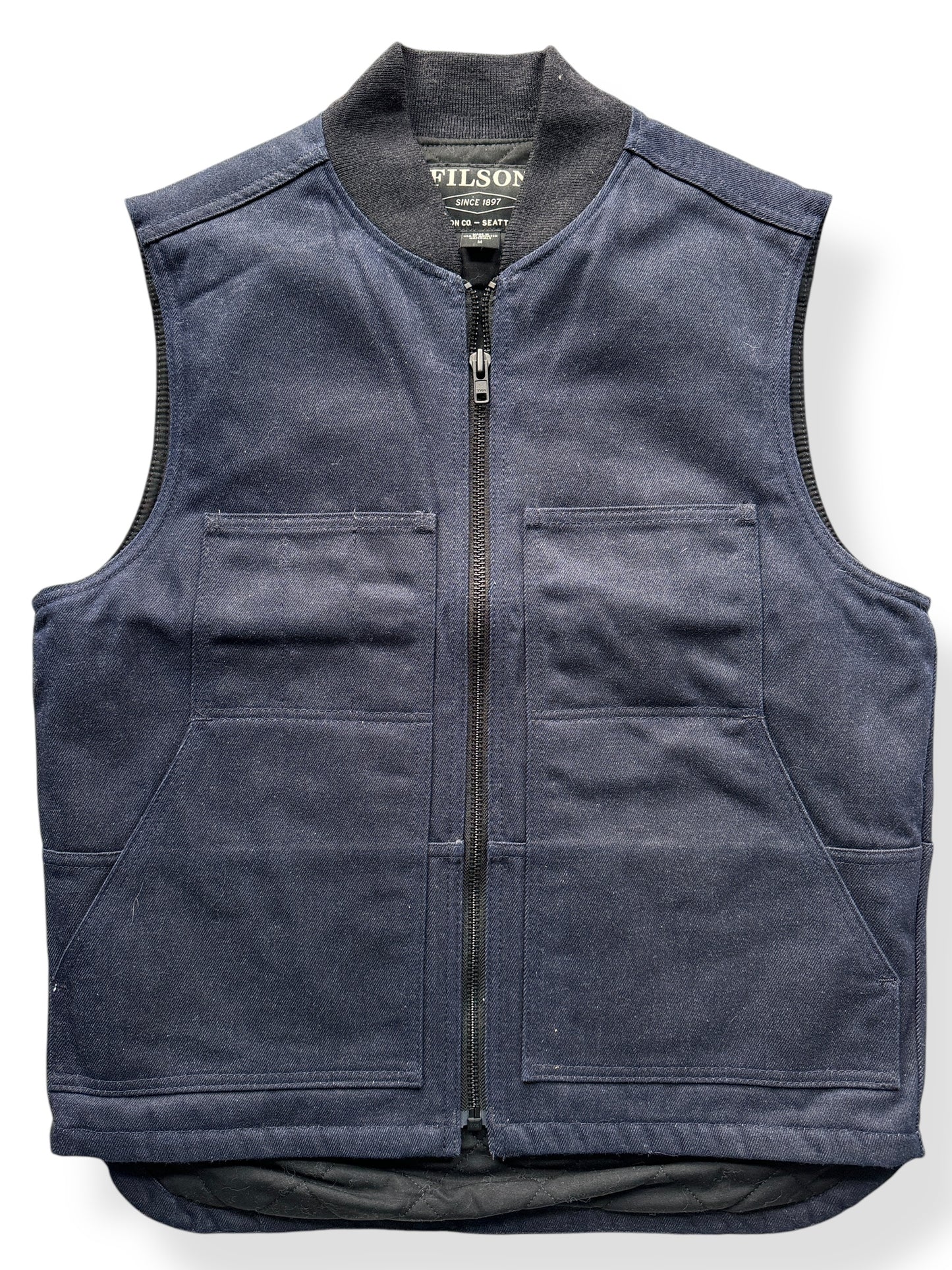 Front Close Up of Filson Denim Primaloft Vest SZ M