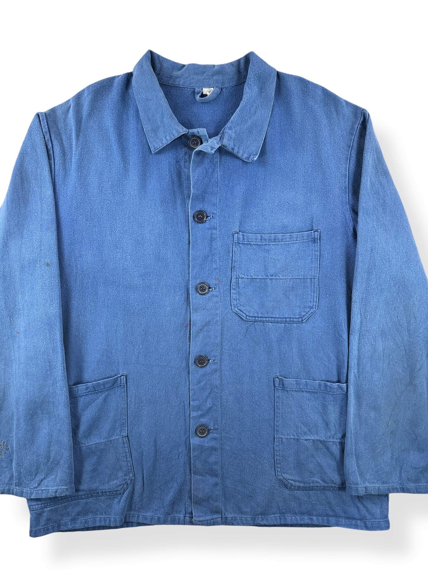 Front Close Up of Vintage Royal Blue French Chore Coat SZ XL