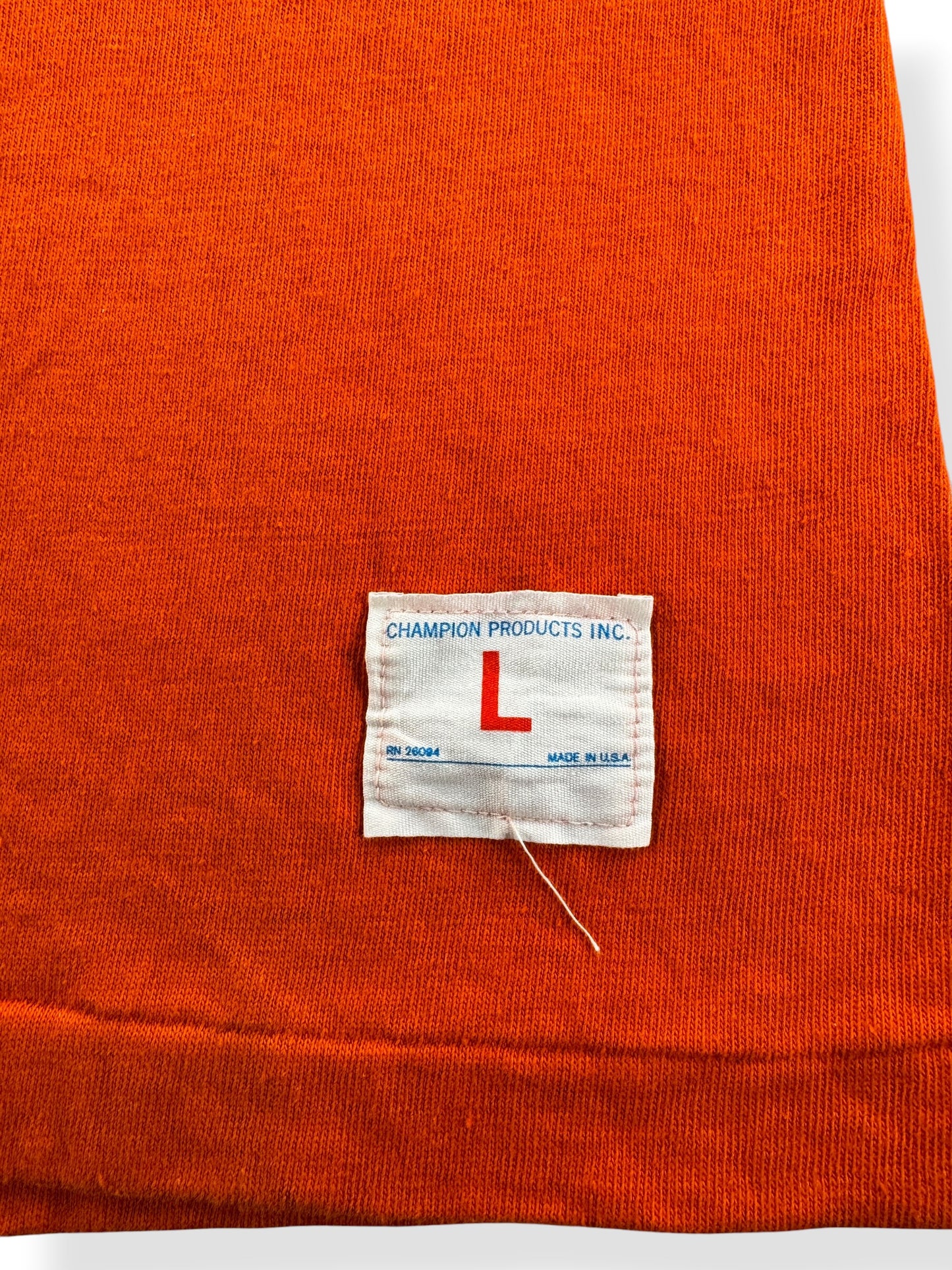 Label on Vintage Orange Champion Blue Bar Built to Handle Anything Harley Tee SZ L (Fits M)