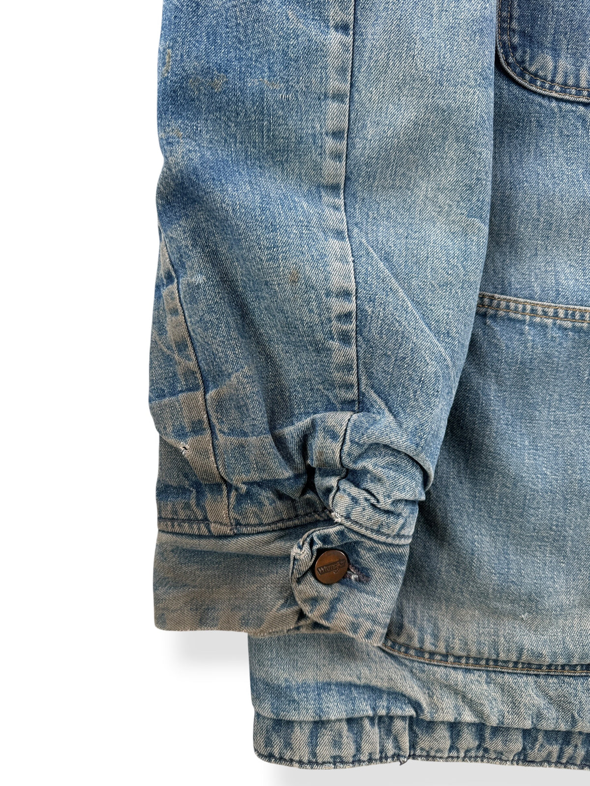 Ware on cuff of Vintage 80s Wrangler Chore Coat SZ 42