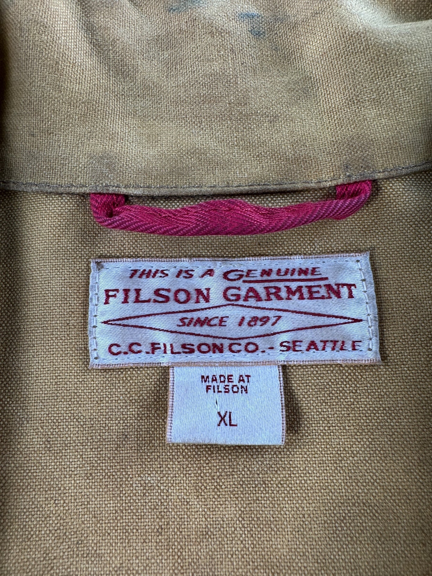 Label on Filson Tin Cloth Short Lined Cruiser Jacket SZ XL (Fits L)