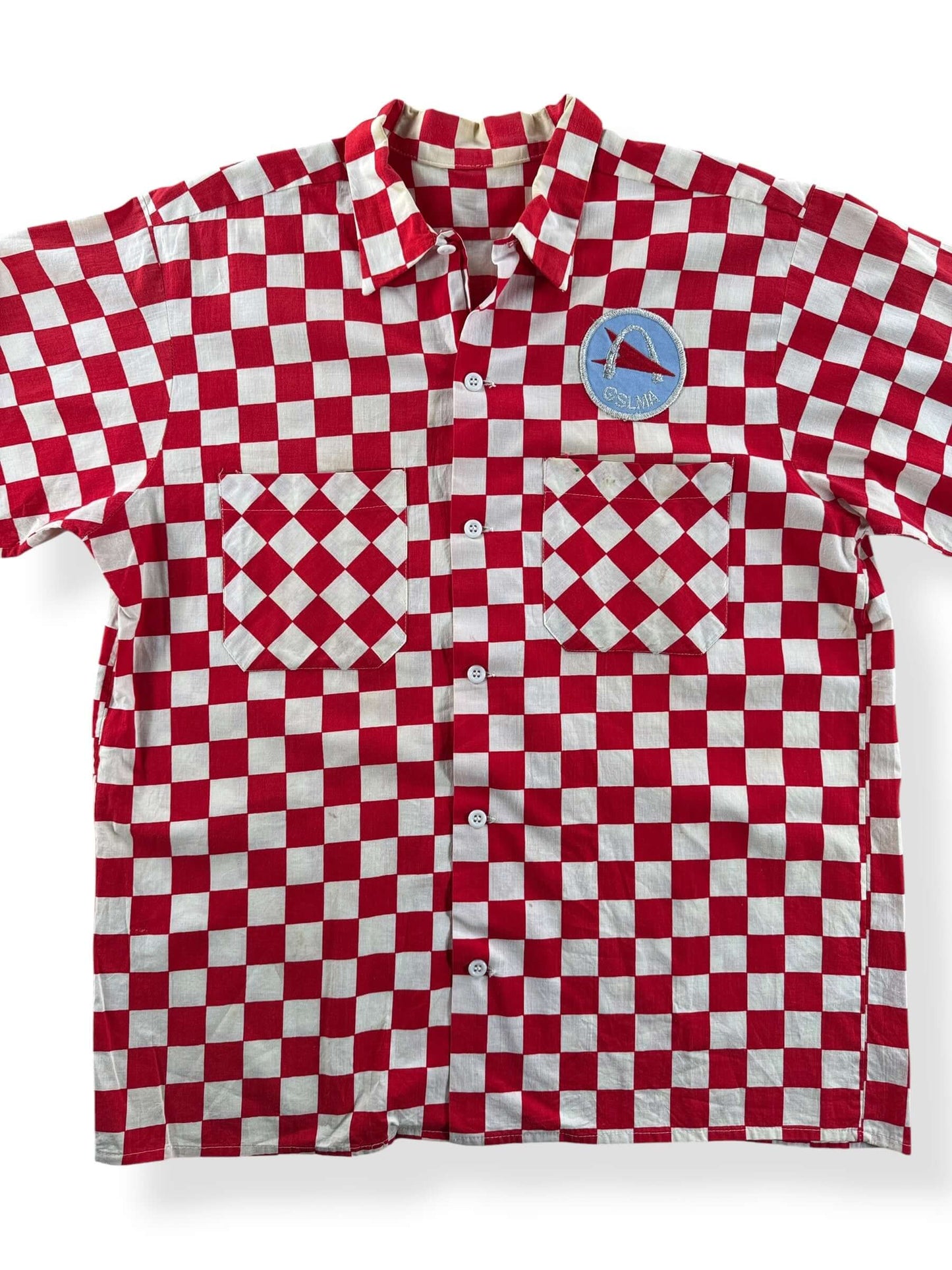 Front Close Up of Vintage Red Checkered GSLMA Short Sleeve Shirt SZ M