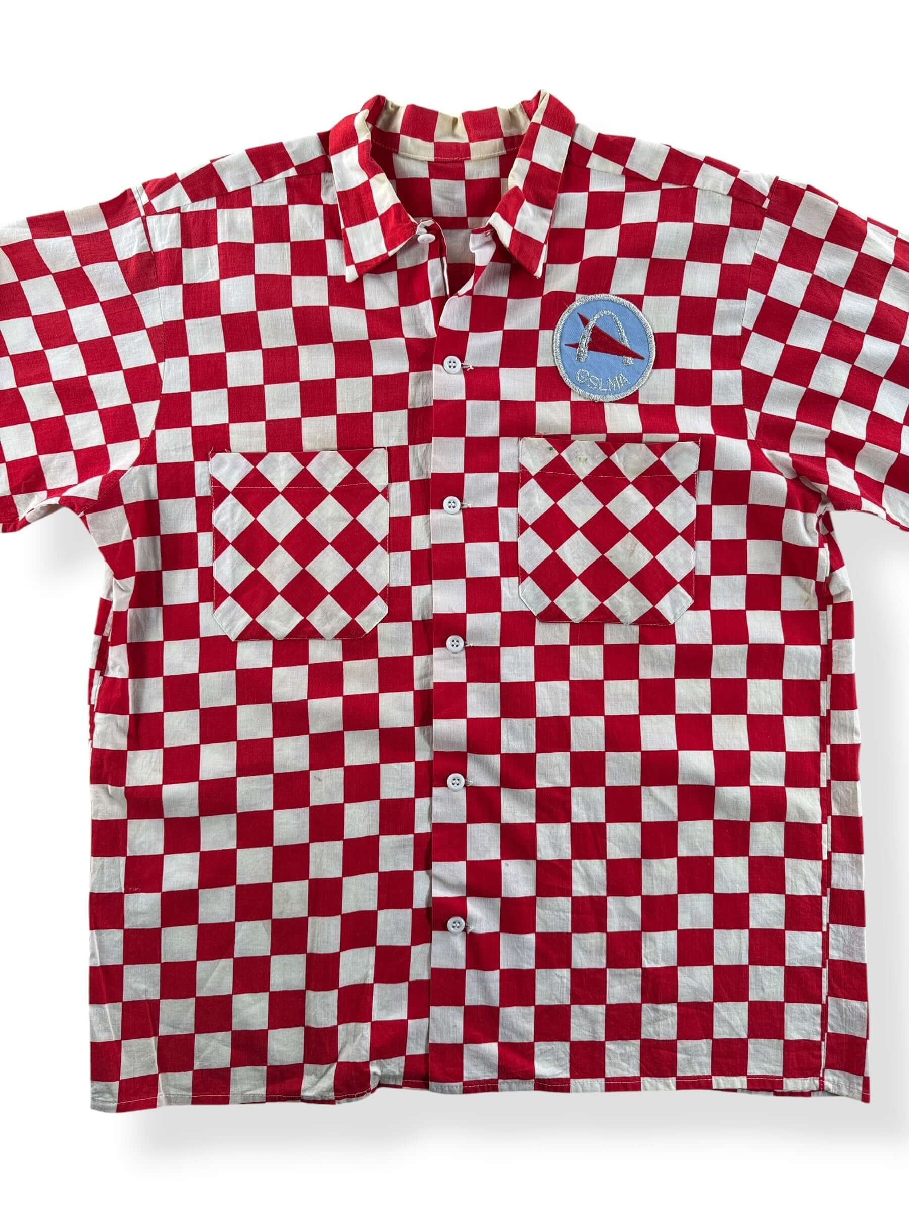 Front Close Up of Vintage Red Checkered GSLMA Short Sleeve Shirt SZ M