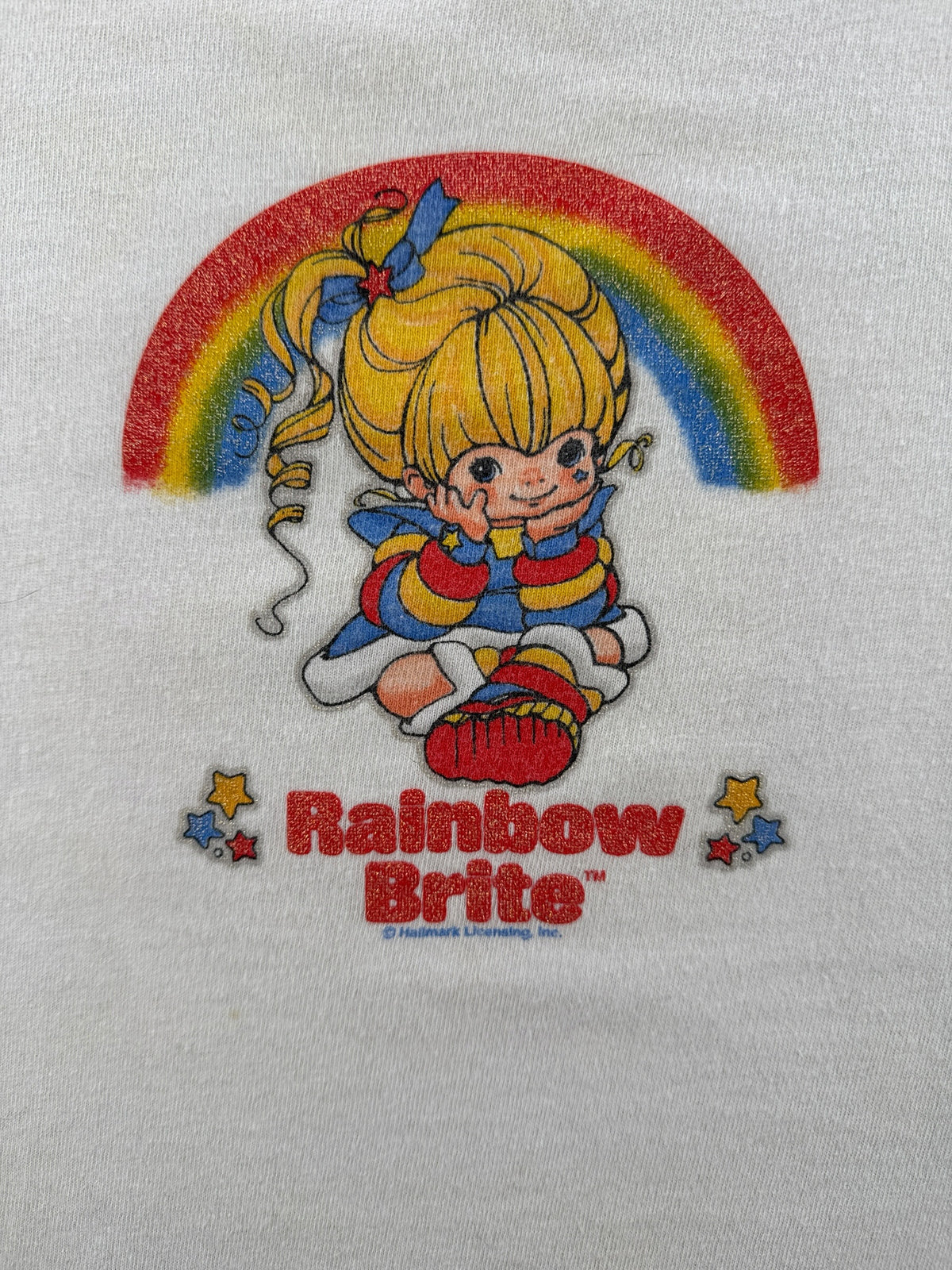 Front graphic on Vintage Rainbow Brite Glitter Print Baby Tee SZ S