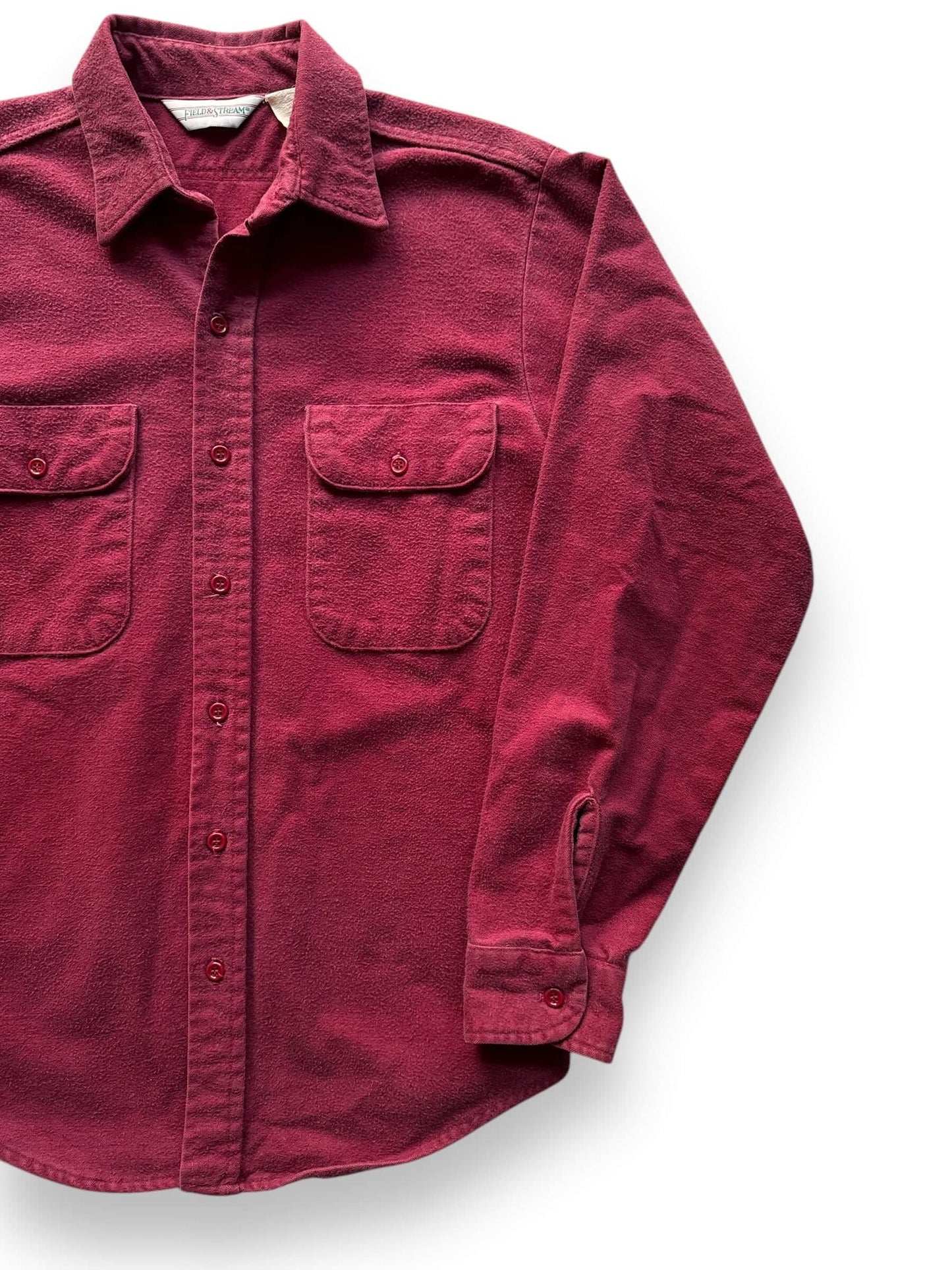 front left of Vintage Field and Stream Burgundy Chamois Shirt SZ M