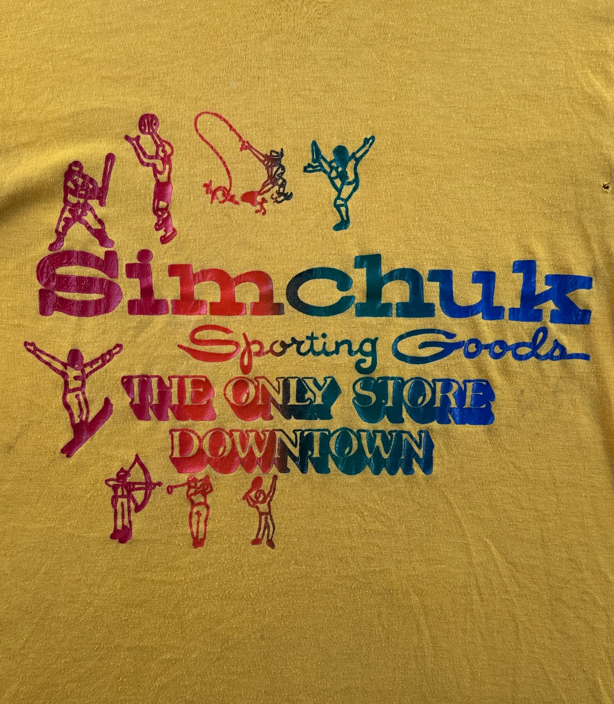 Front graphic on Vintage 1970s Simchuk Sporting Goods Tee SZ S (Fits XS)