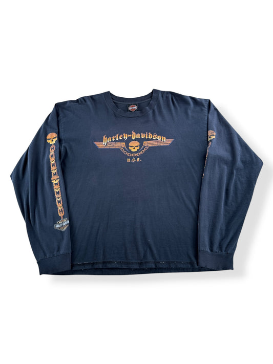 Front of Vintage Harley Davidson Cropped Skull & Chains LS Tee SZ XL