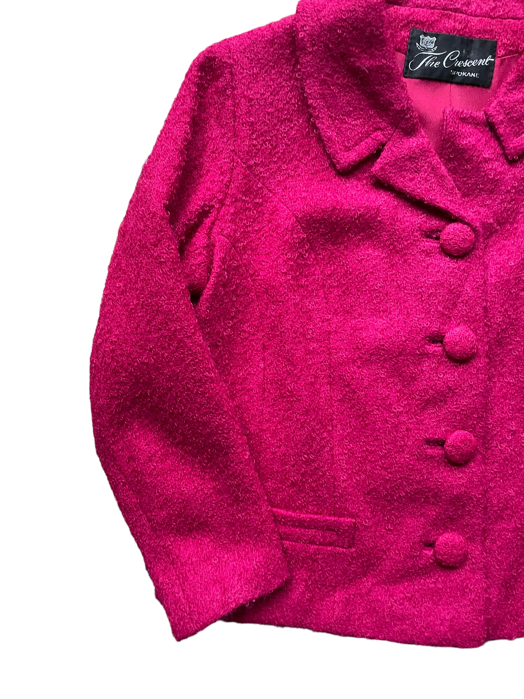 Front right side view of Vintage 1940s Fuschia Ladies Blazer | Seattle True Vintage | Barn Owl Vintage Womens Clothing