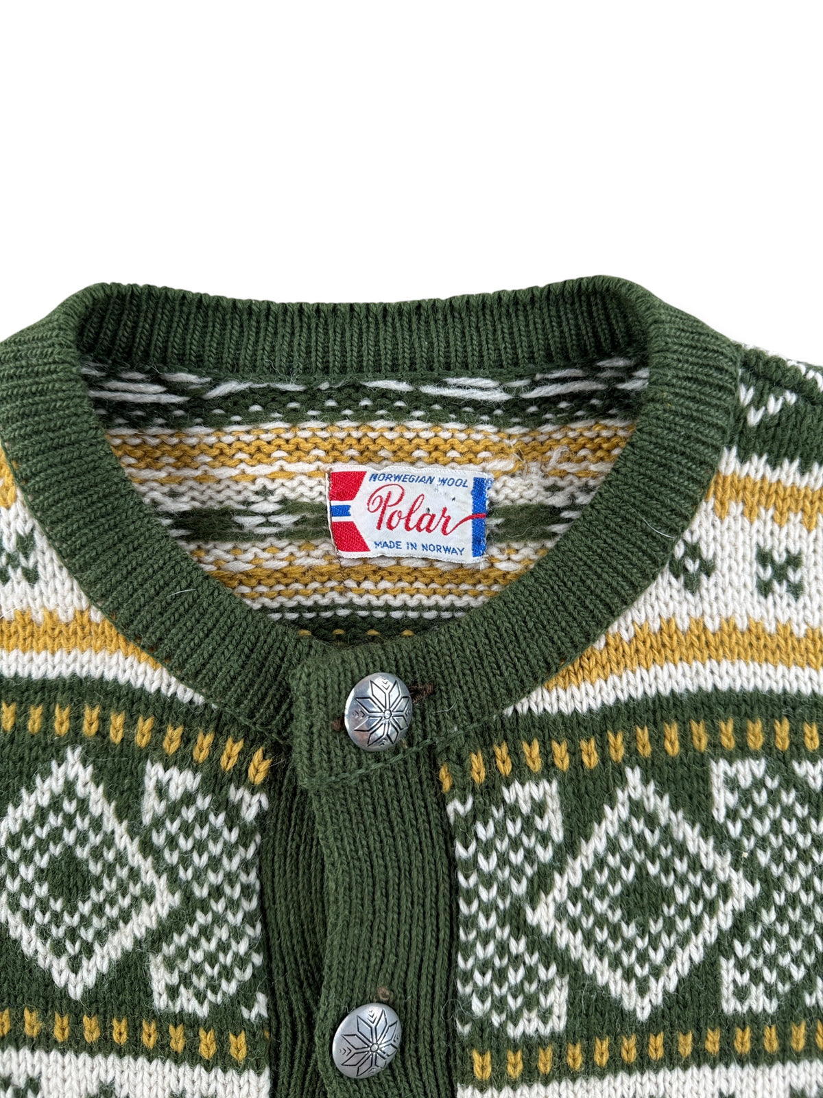 Collar on Vintage Green & Mustard Norwegian Wool Cardigan SZ M
