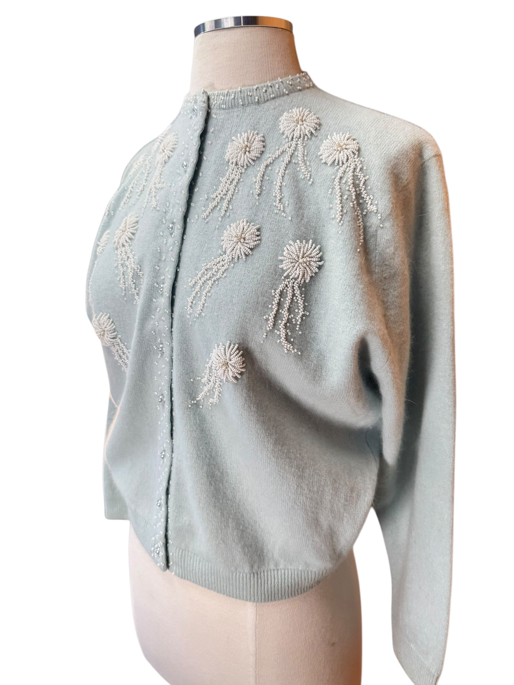 Side view of 1950s Pale Blue Beaded Angora/Lamb's Wool Cardigan M