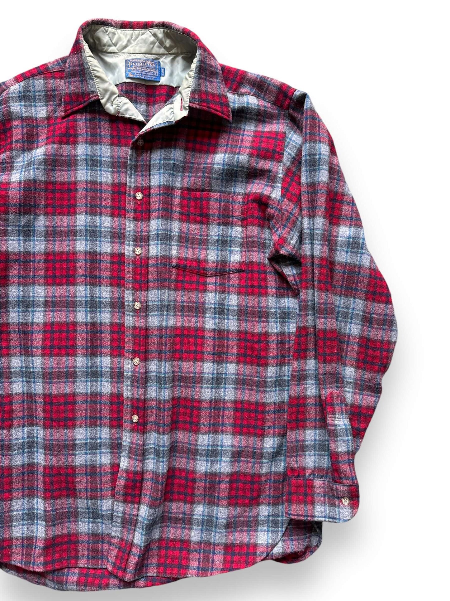 Front Left View of Vintage Red/Grey/Blue Pendleton Wool Flannel SZ L