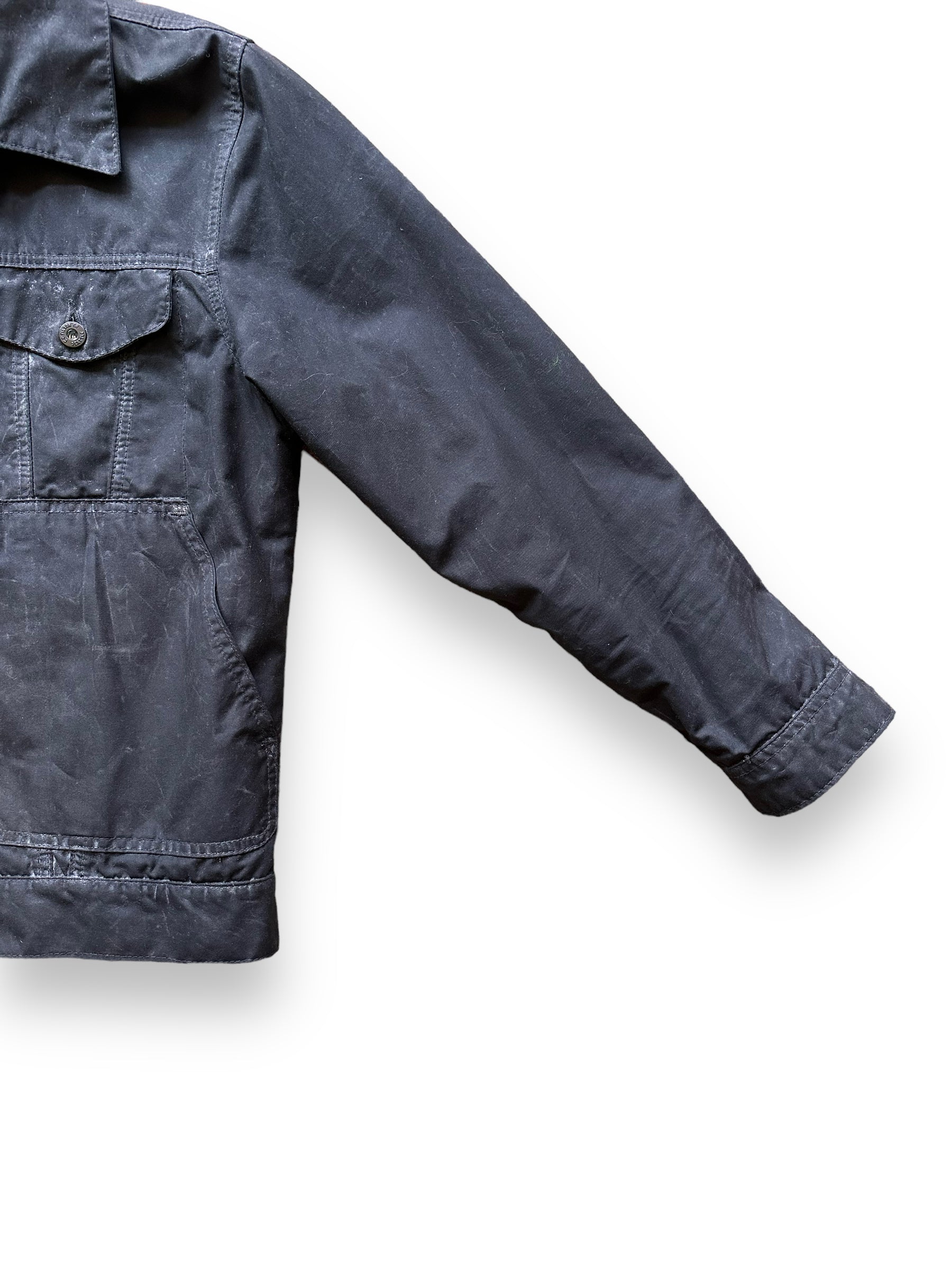 Front Left Sleeve View of Filson Black Short Lined Tin Cloth Cruiser SZ M |  Barn Owl Vintage Goods | Vintage Filson Workwear Seattle
