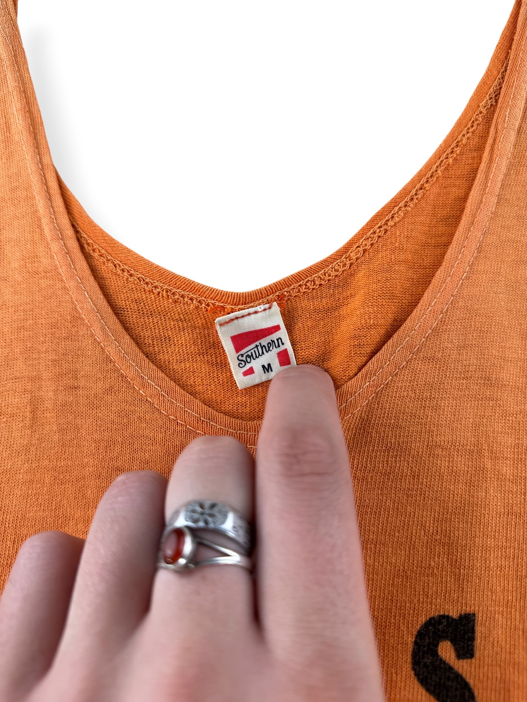 Tag on Vintage 1960s Faded Orange LCHS Tigers Tank Top SZ M (Fits S)