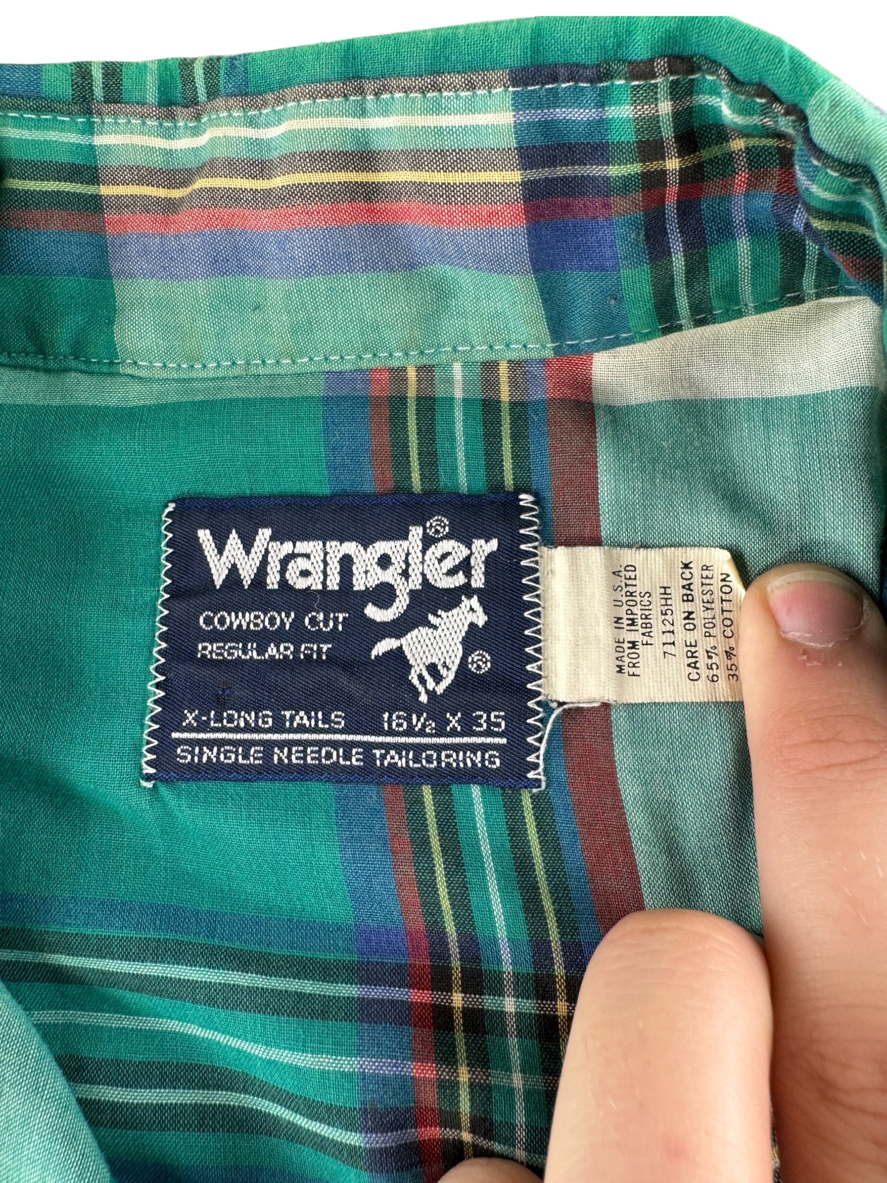 Tag on Vintage Wrangler Green Plaid Pearlsnap SZ 16 1/2