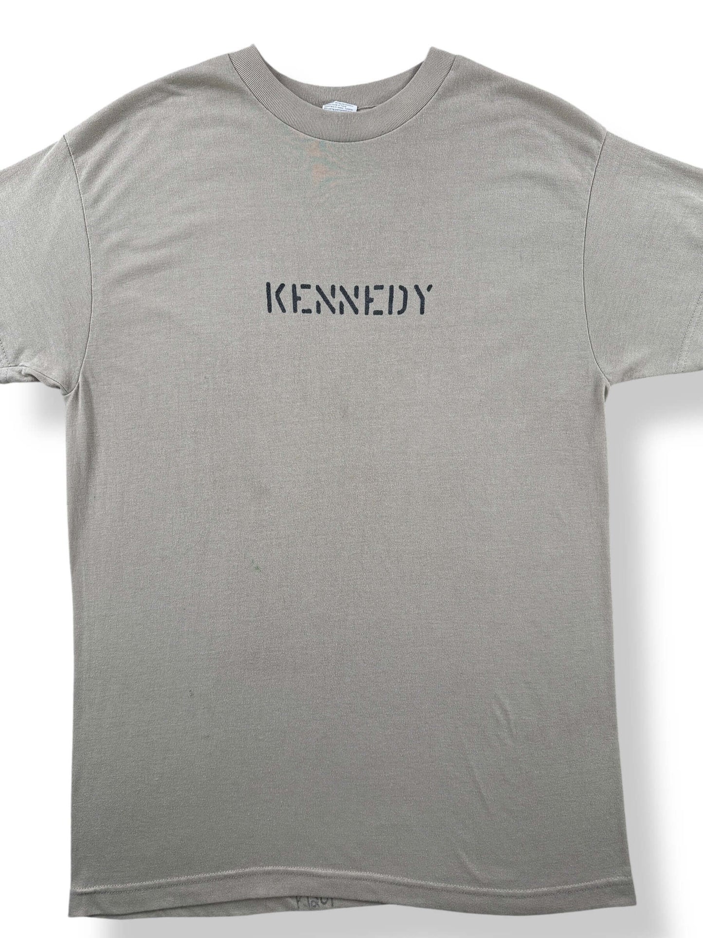 Front Close Up of Vintage Stenciled Kennedy Military Tee SZ L