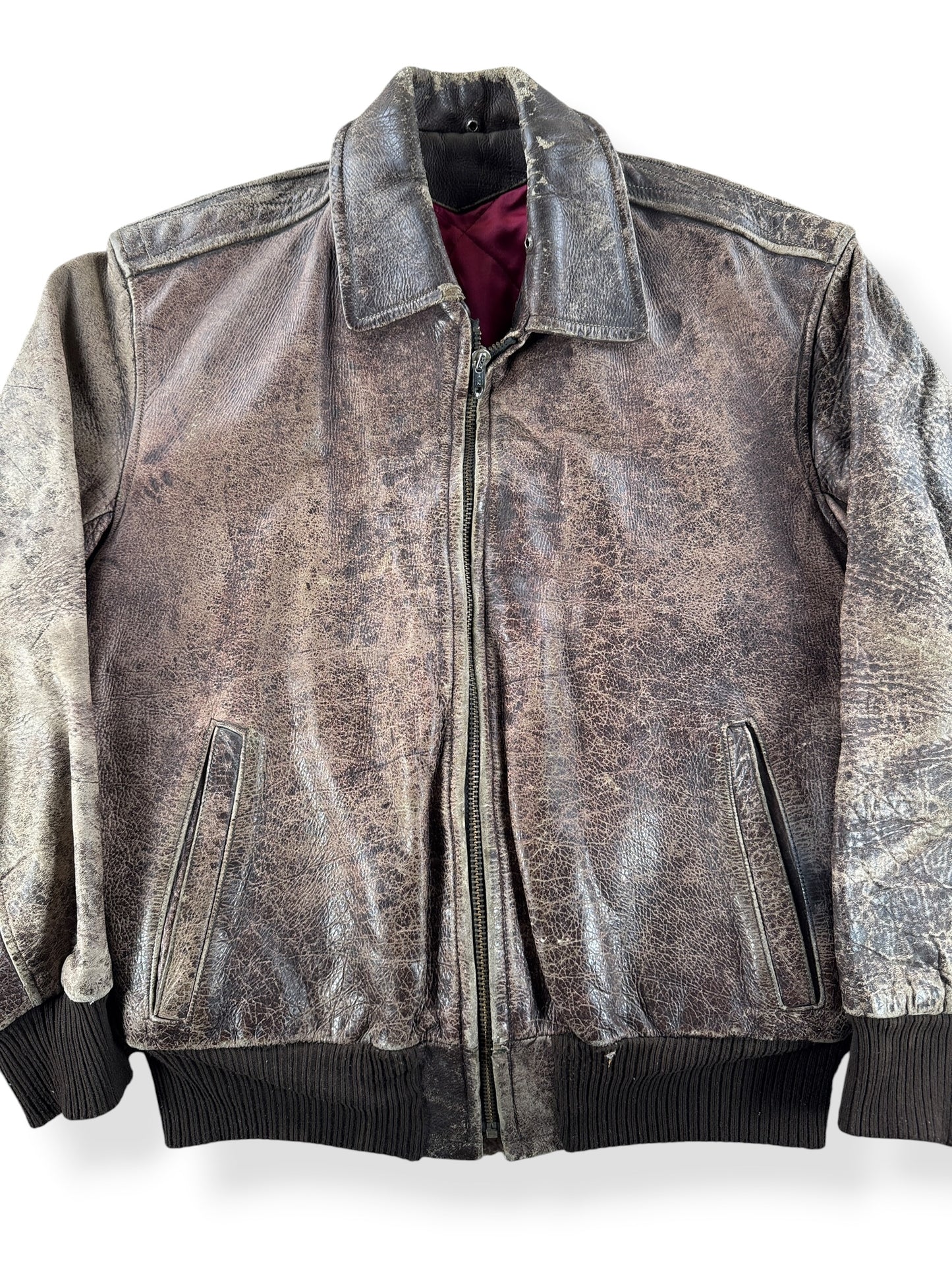 Front Close Up of Vintage Distressed Horsehide Jacket SZ M