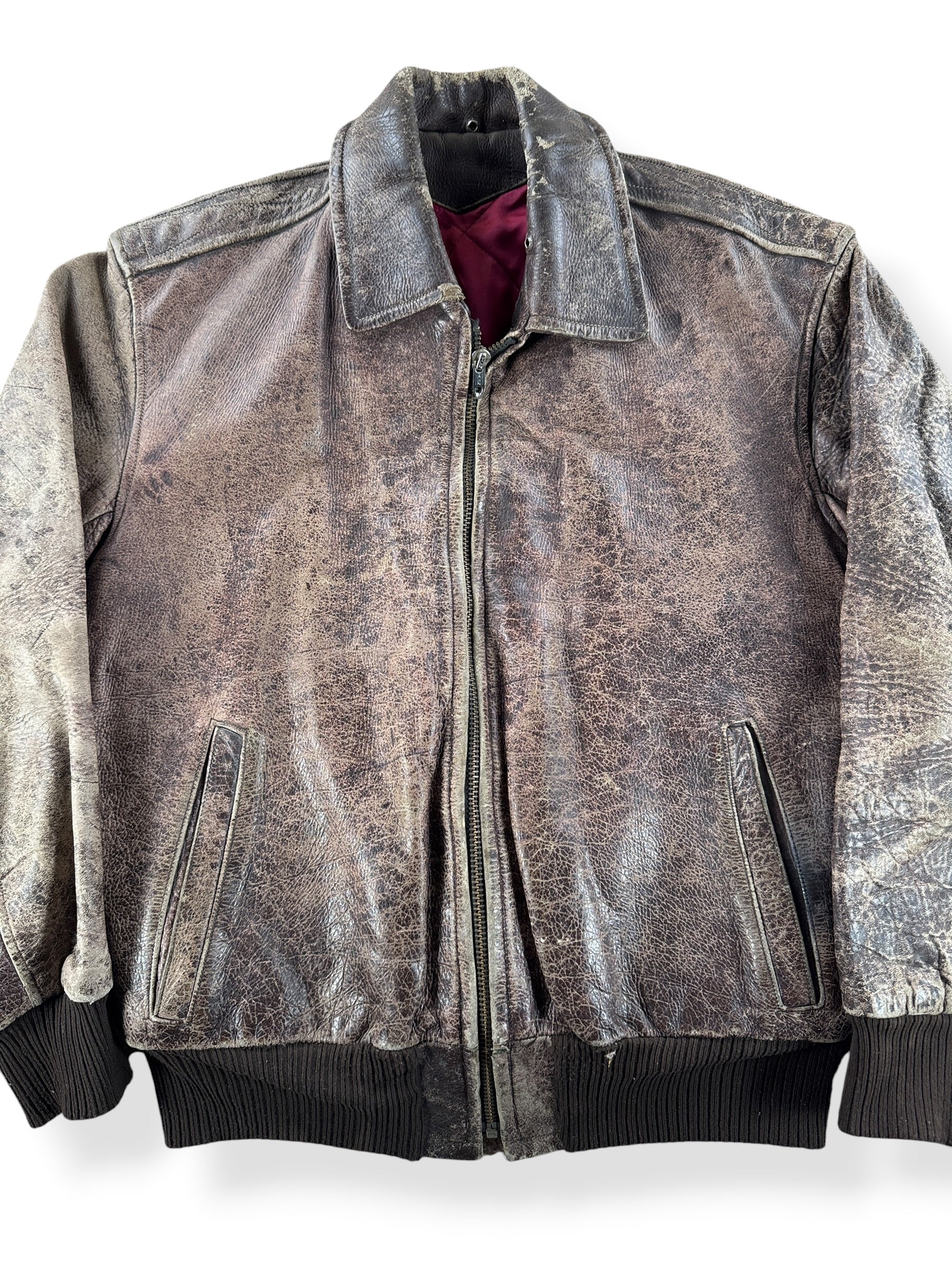 Front Close Up of Vintage Distressed Horsehide Jacket SZ M