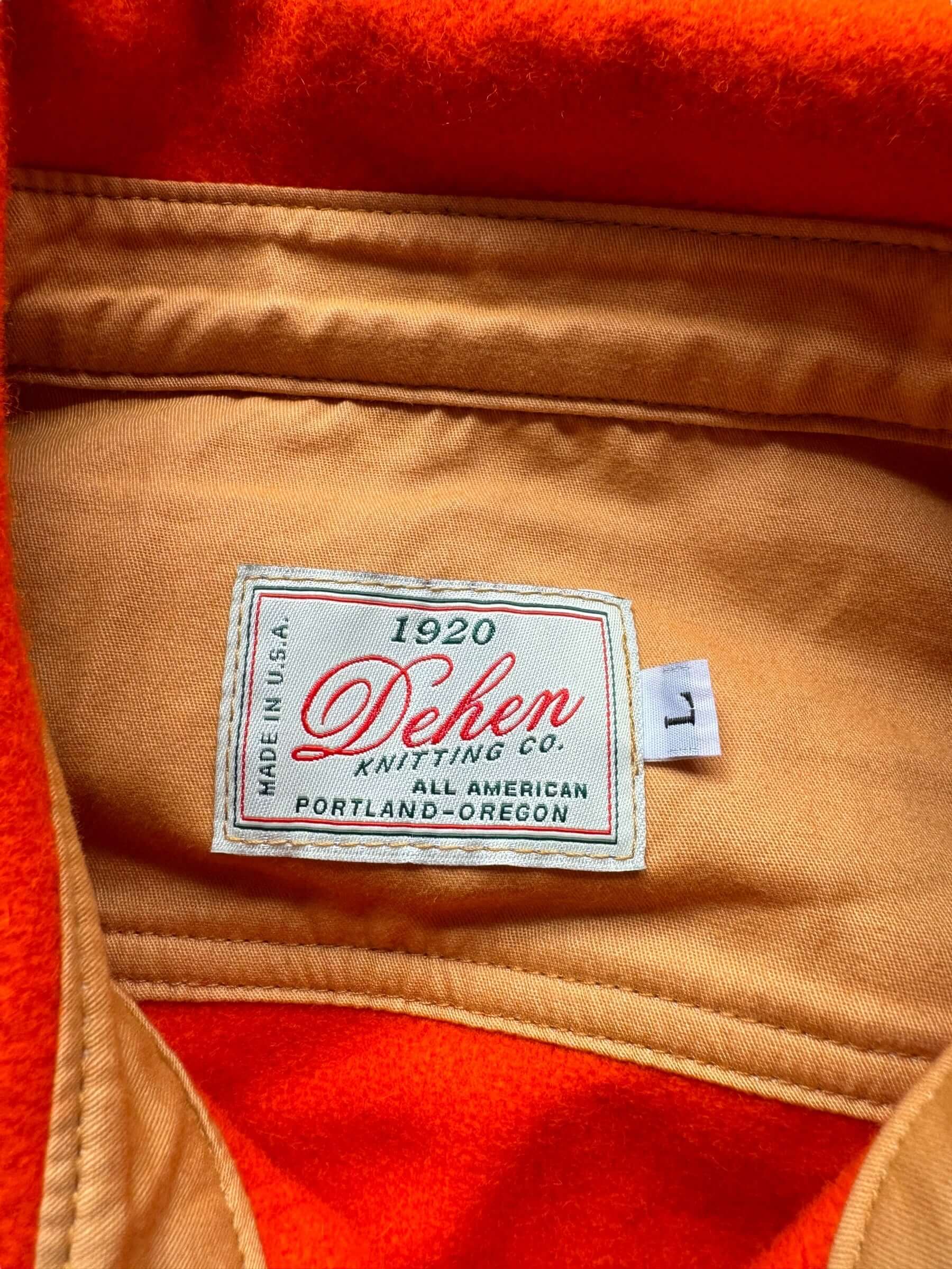 tag on Dehen Knitting Co. Portland Orange Wool Shirt SZ L