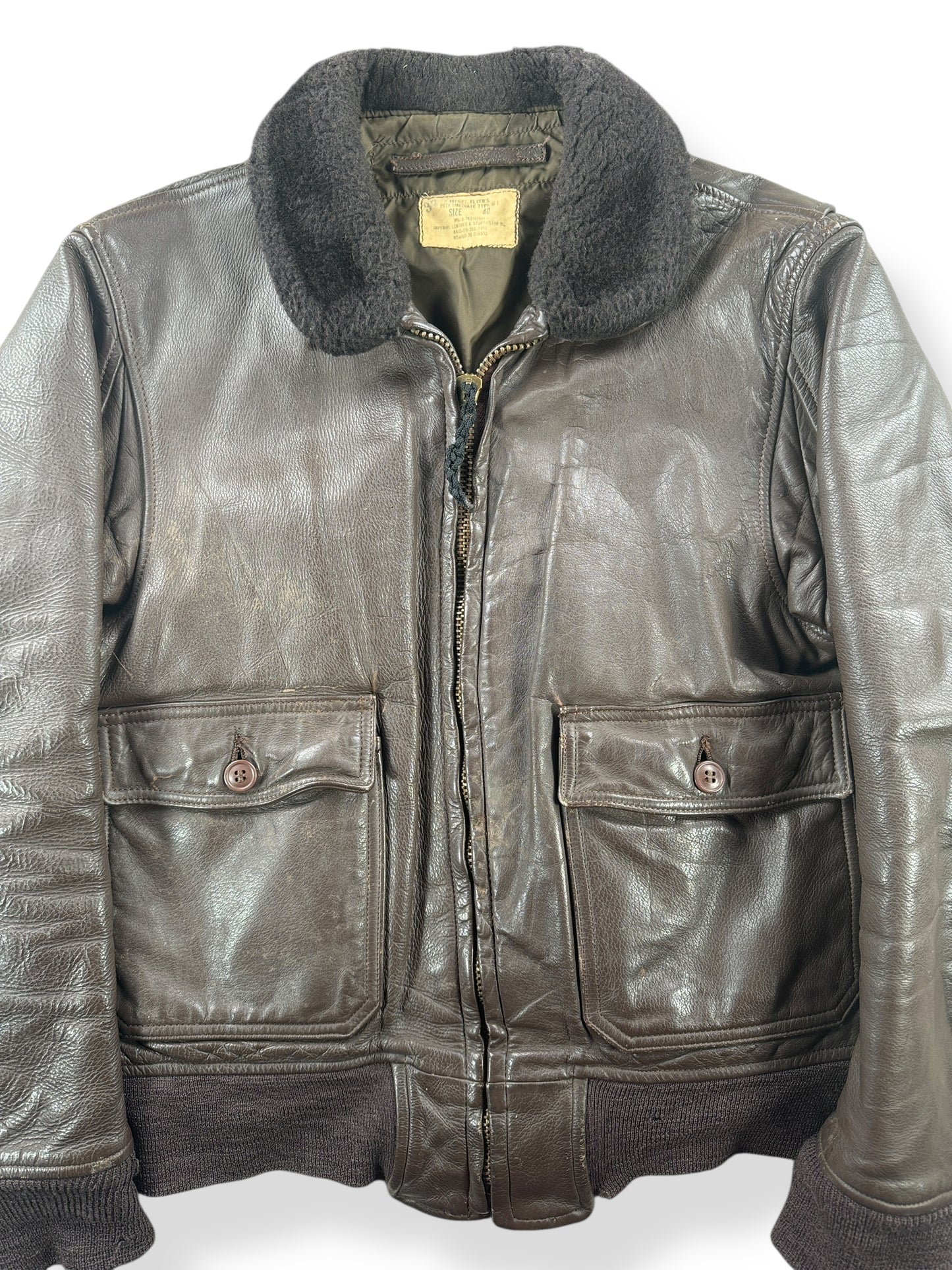 Front Close Up of Vintage 1976 Leather G-1 Jacket SZ 40