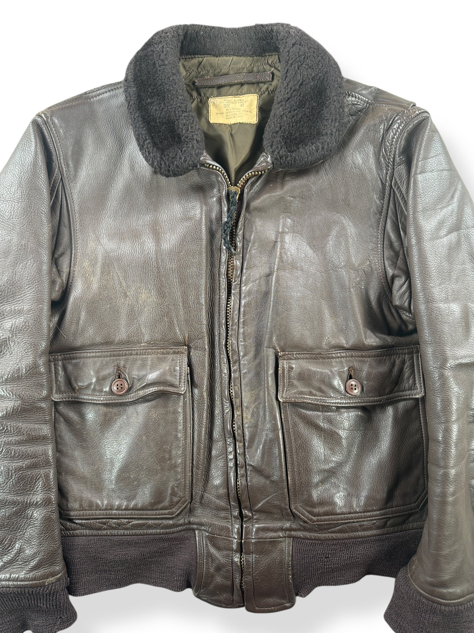 Front Close Up of Vintage 1976 Leather G-1 Jacket SZ 40