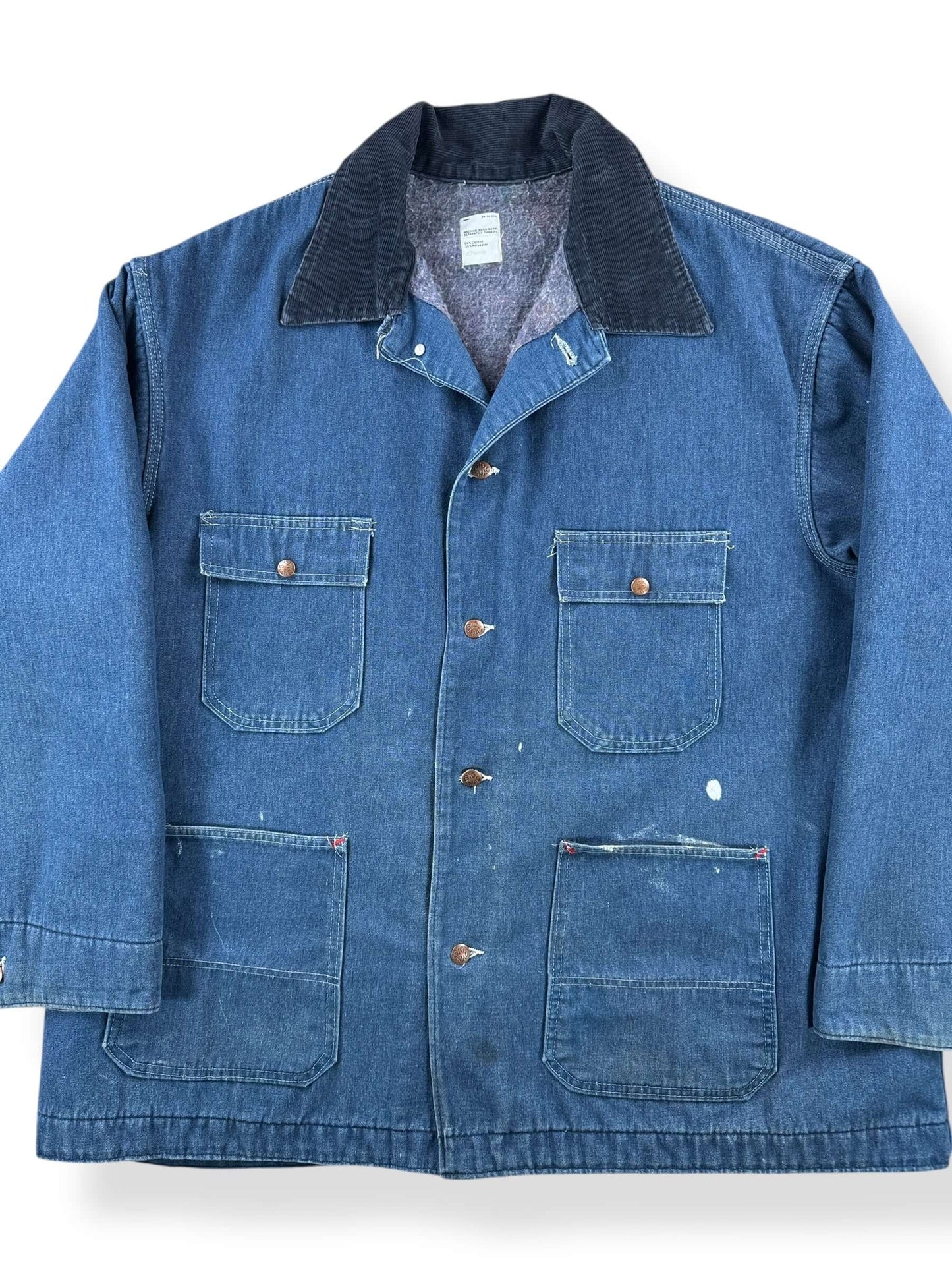 Front Close Up of Vintage Sears Tradewear Blanket Lined Denim Chore Coat SZ L Tall
