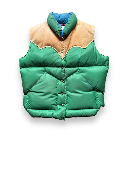 Front View of Vintage Rocky Mountain Featherbed Green and Blue Down Vest SZ XL