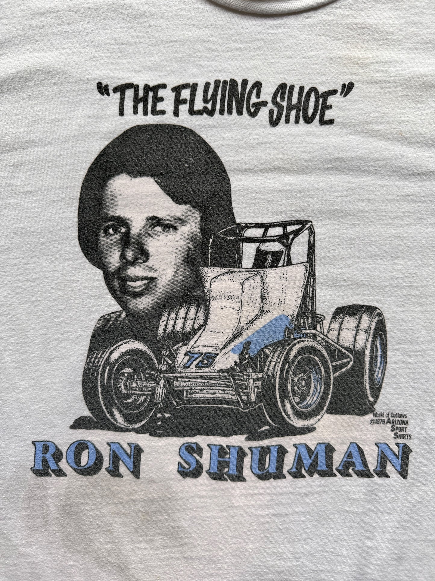 front graphic of Vintage 1979 "The Flying Shoe" Racing Tee SZ M-L