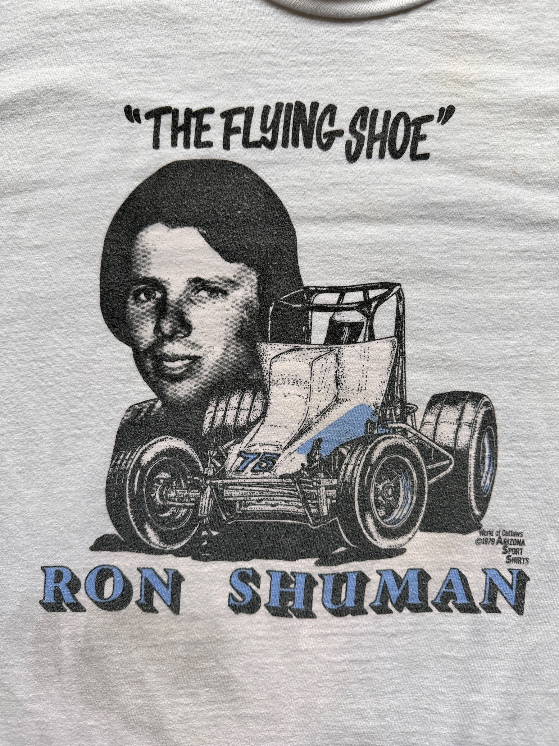 front graphic of Vintage 1979 "The Flying Shoe" Racing Tee SZ M-L