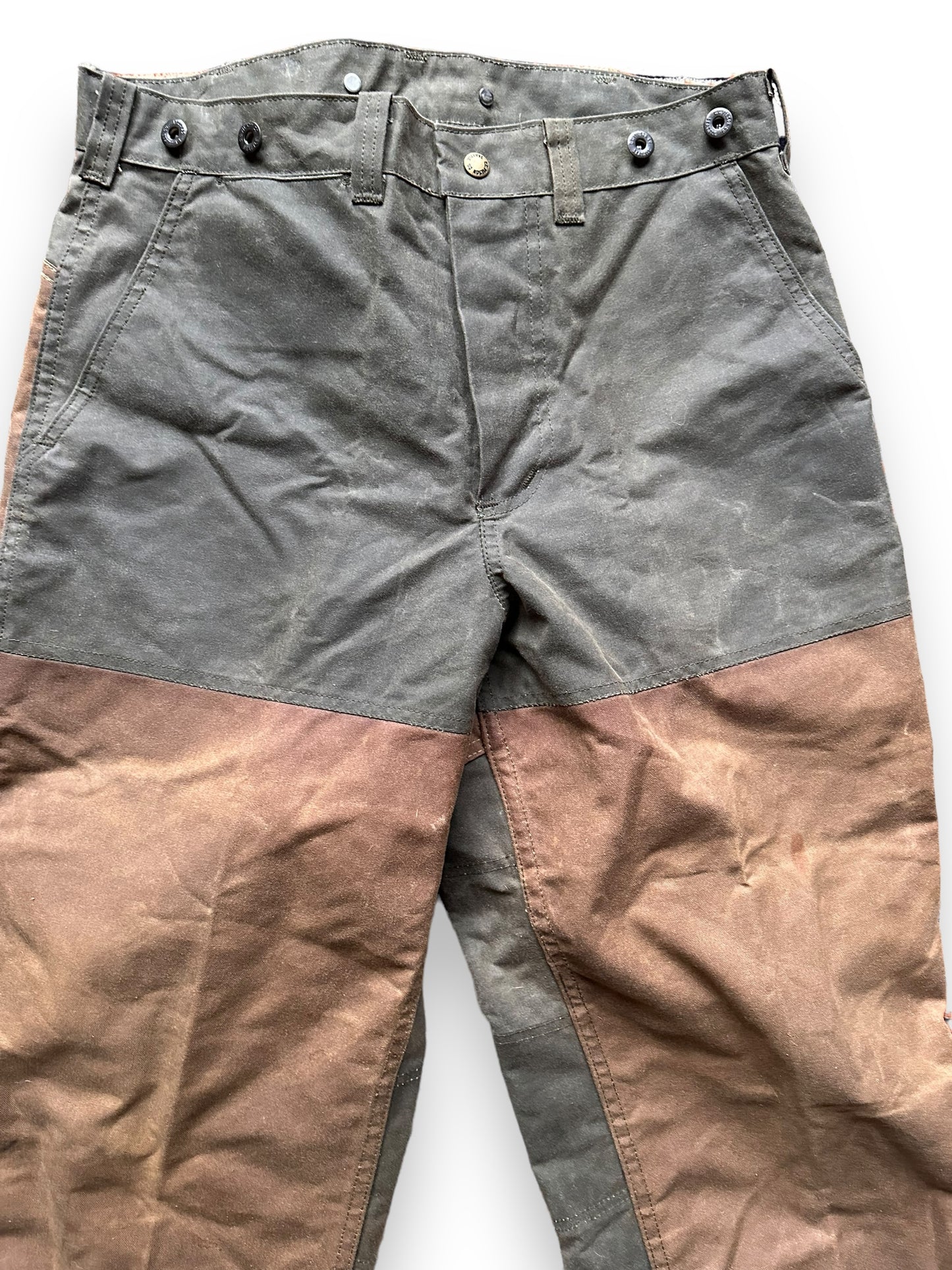 Upper Front View of Vintage Filson Tin Cloth Double Hunting Pants W34 |  Barn Owl Vintage Goods | Filson Bargain Outlet Seattle