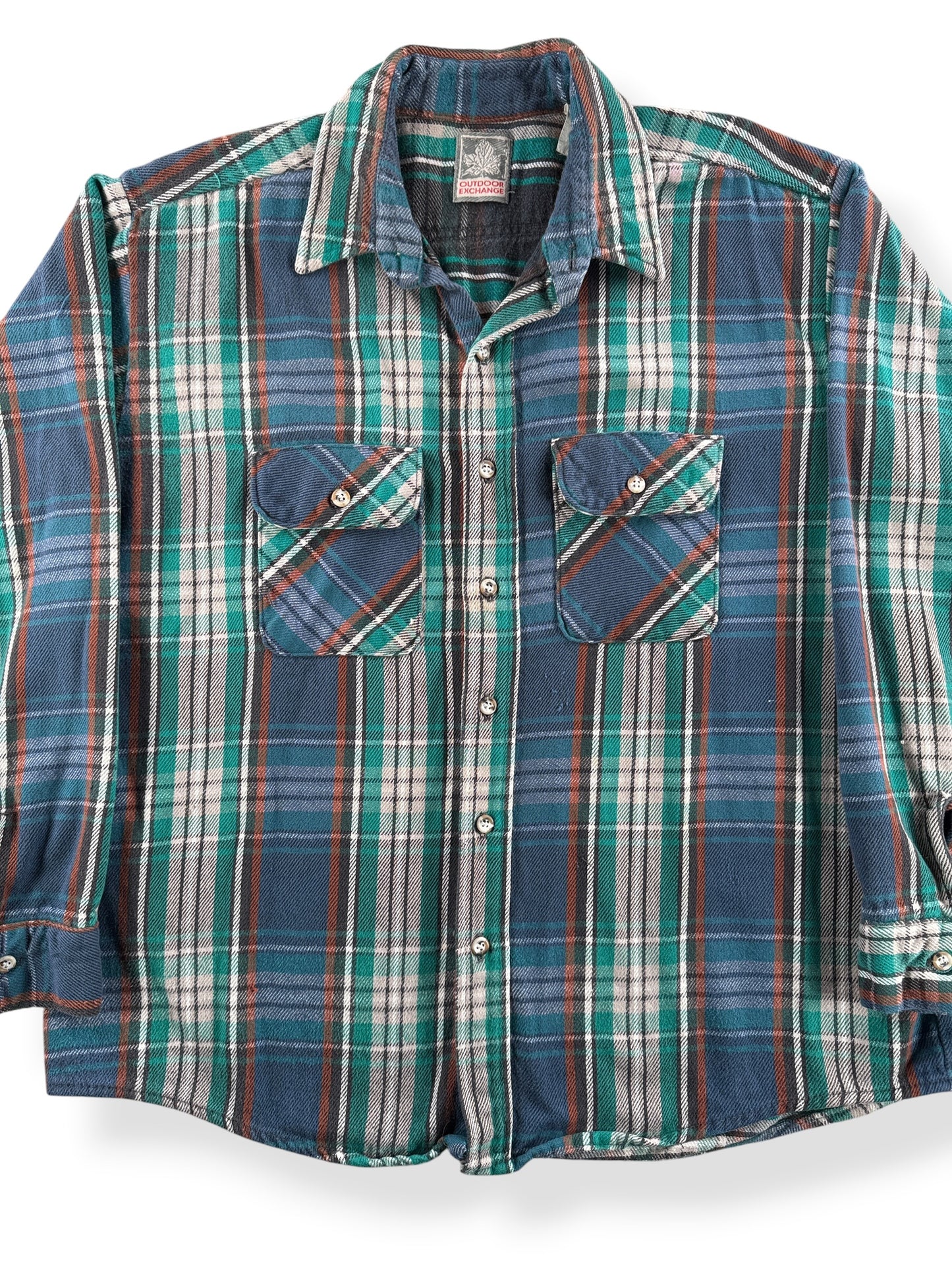 Front Close Up of Vintage Outdoor Exchange Cotton Flannel SZ XL
