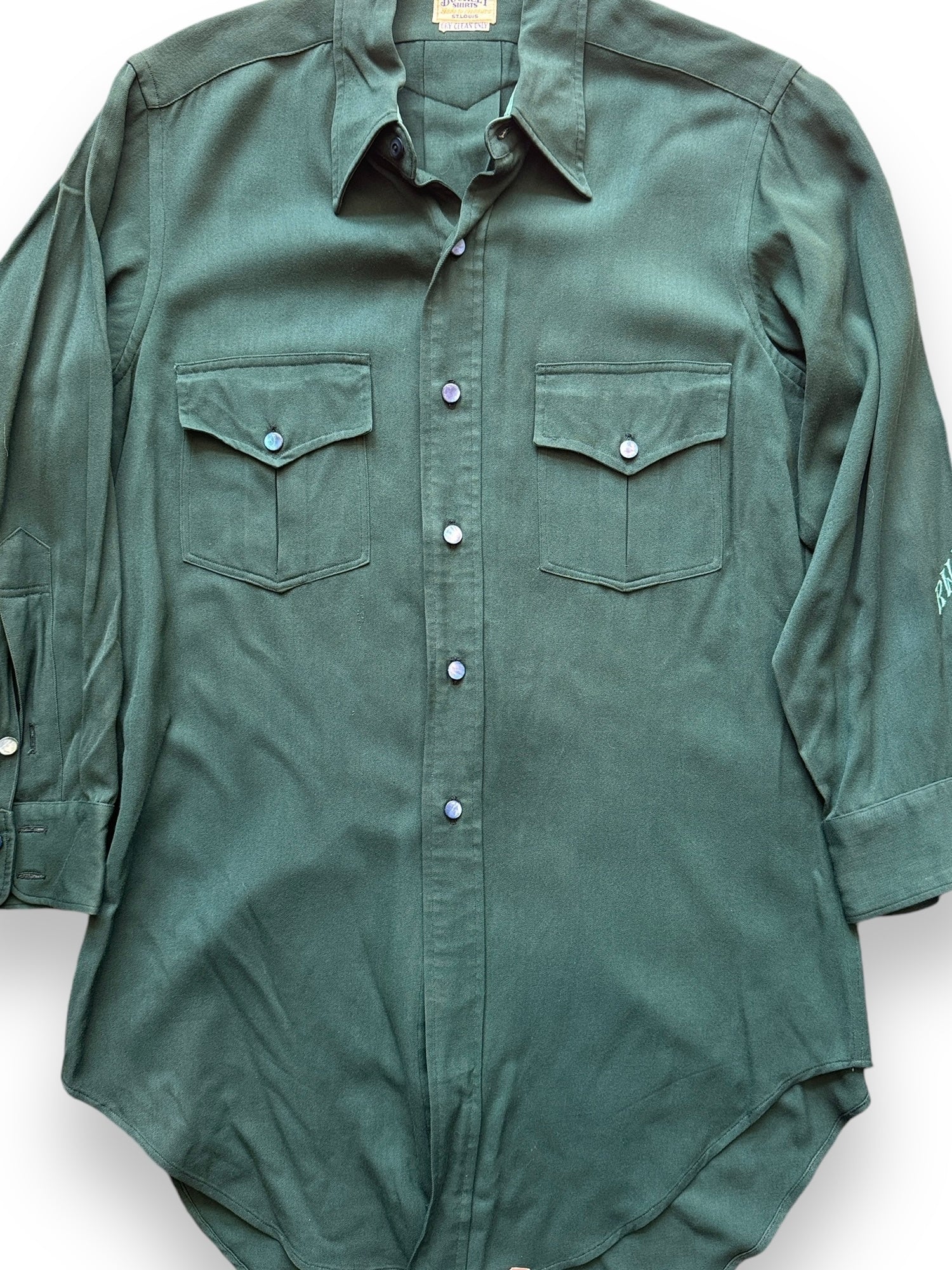 Front Detail on Vintage Buckley Shirts Green Gabardine Western Shirt SZ M