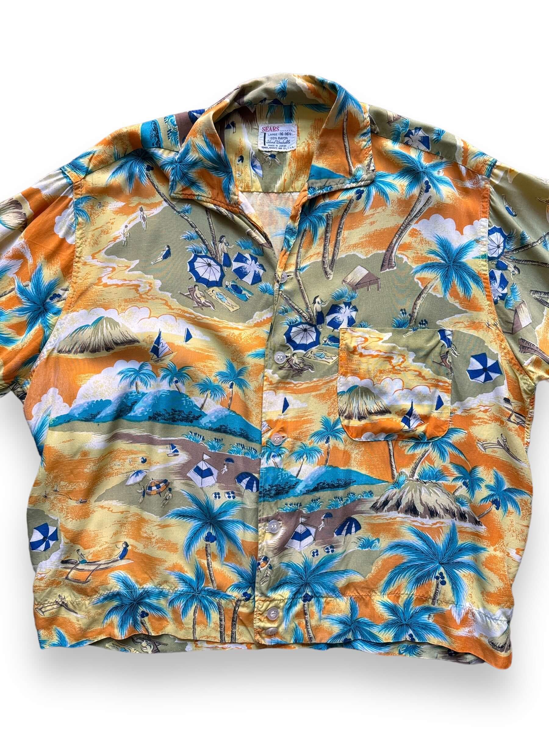 front close up of Vintage Sears 100% Rayon Made in Japan Aloha Shirt SZ L