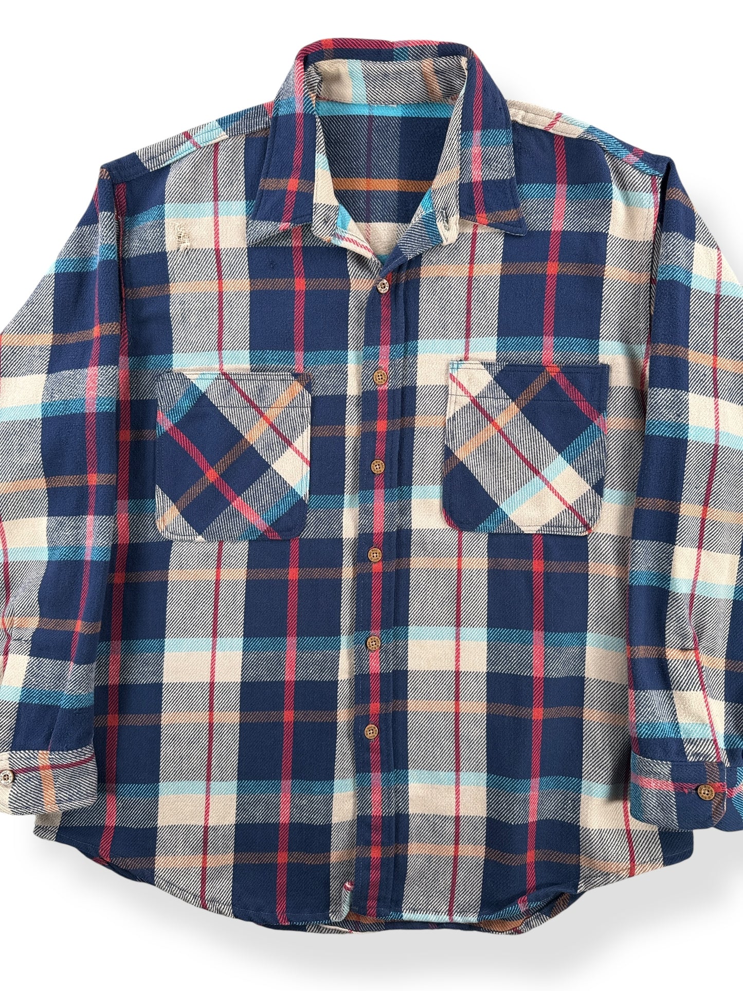 Front Close Up of Vintage Big Mac Navy Plaid Cotton Flannel SZ XL