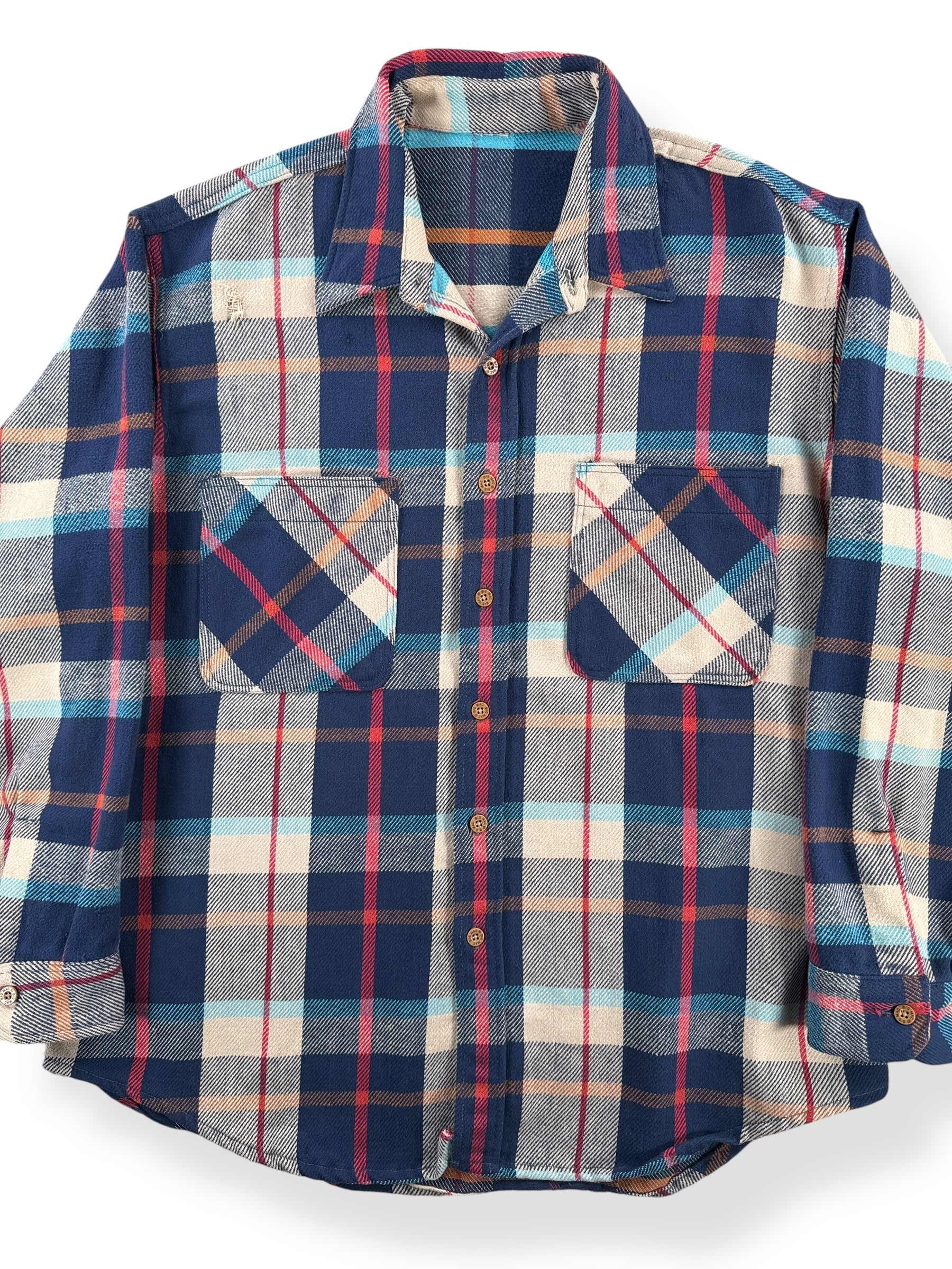 Front Close Up of Vintage Big Mac Navy Plaid Cotton Flannel SZ XL