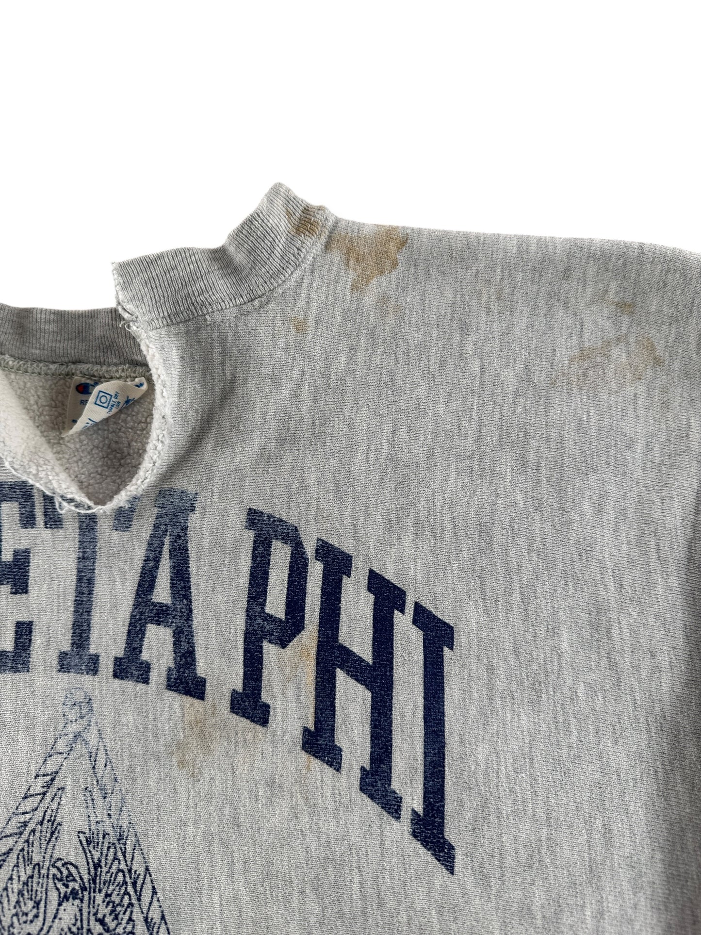 Tag on Vintage 80s Thrashed Frat Champion Reverse Weave Crewneck SZ L
